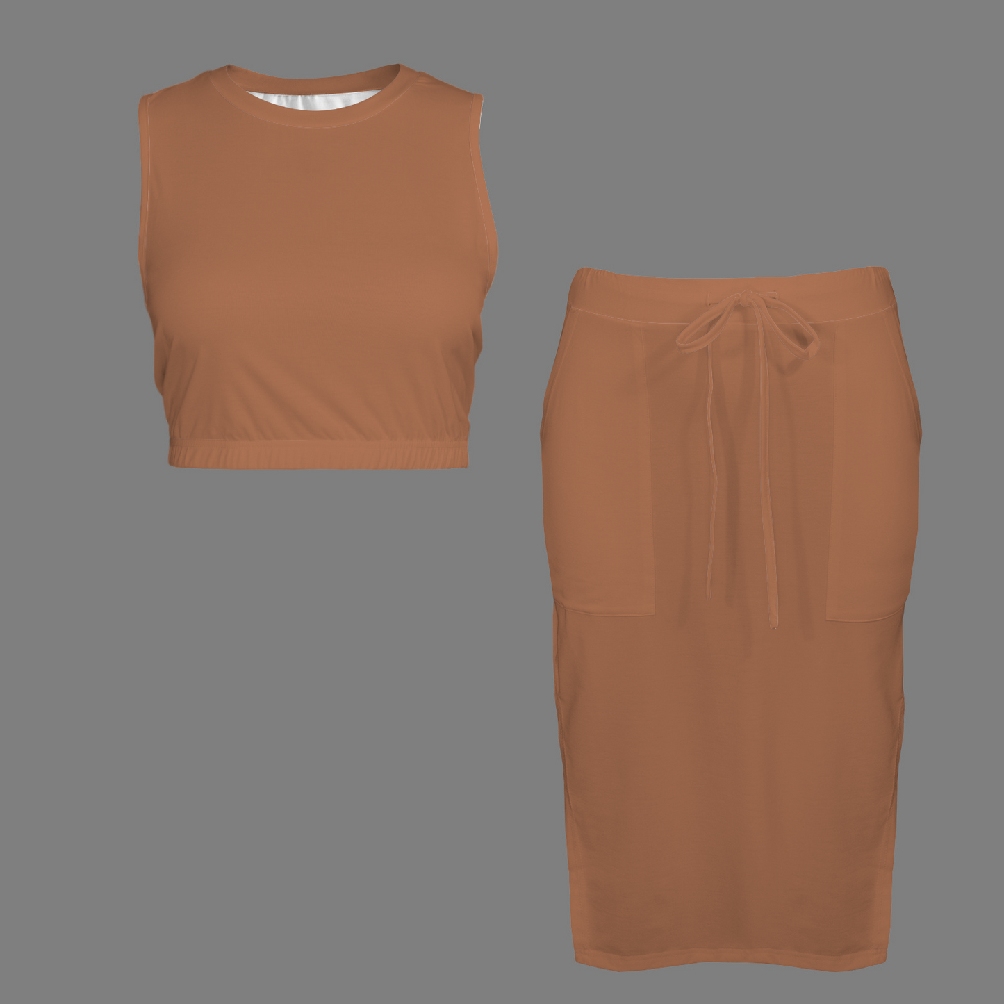 Warm Tan Skirt & Sleeveless Top Set with Pockets & Tie Waist