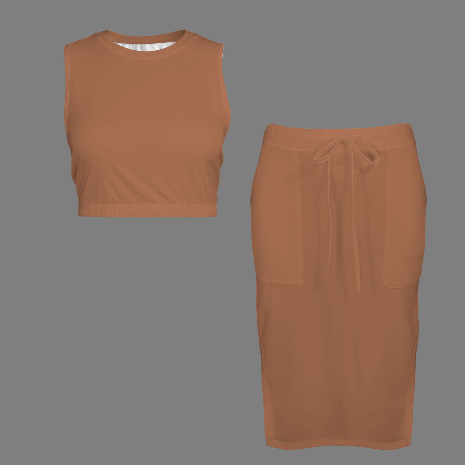 Warm Tan Skirt & Sleeveless Top Set with Pockets & Tie Waist