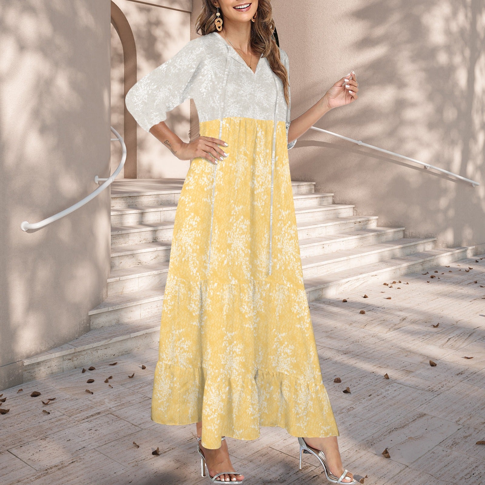 V Neck Half Sleeve Maxi Dress Yellow Natural Floral