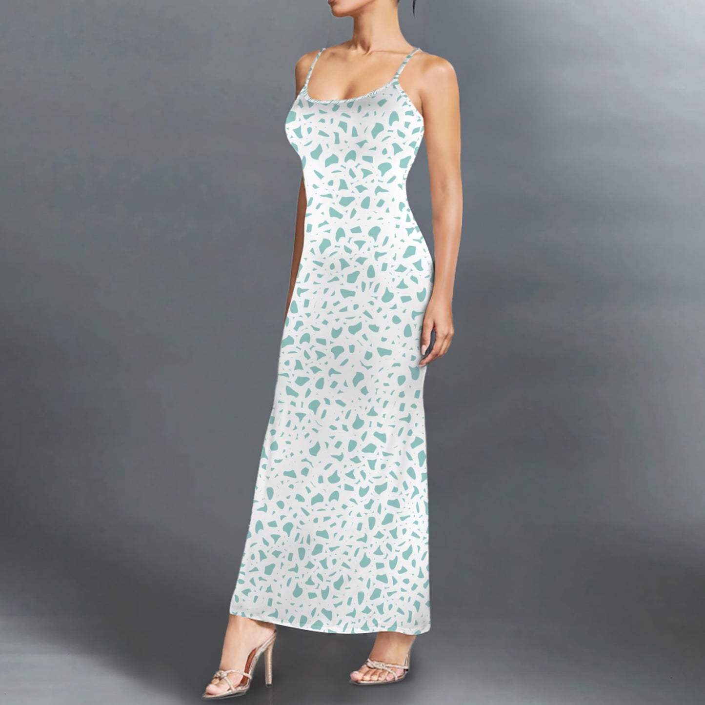 Casual Lounge Slip Maxi Dress Dusted Teal White Coral