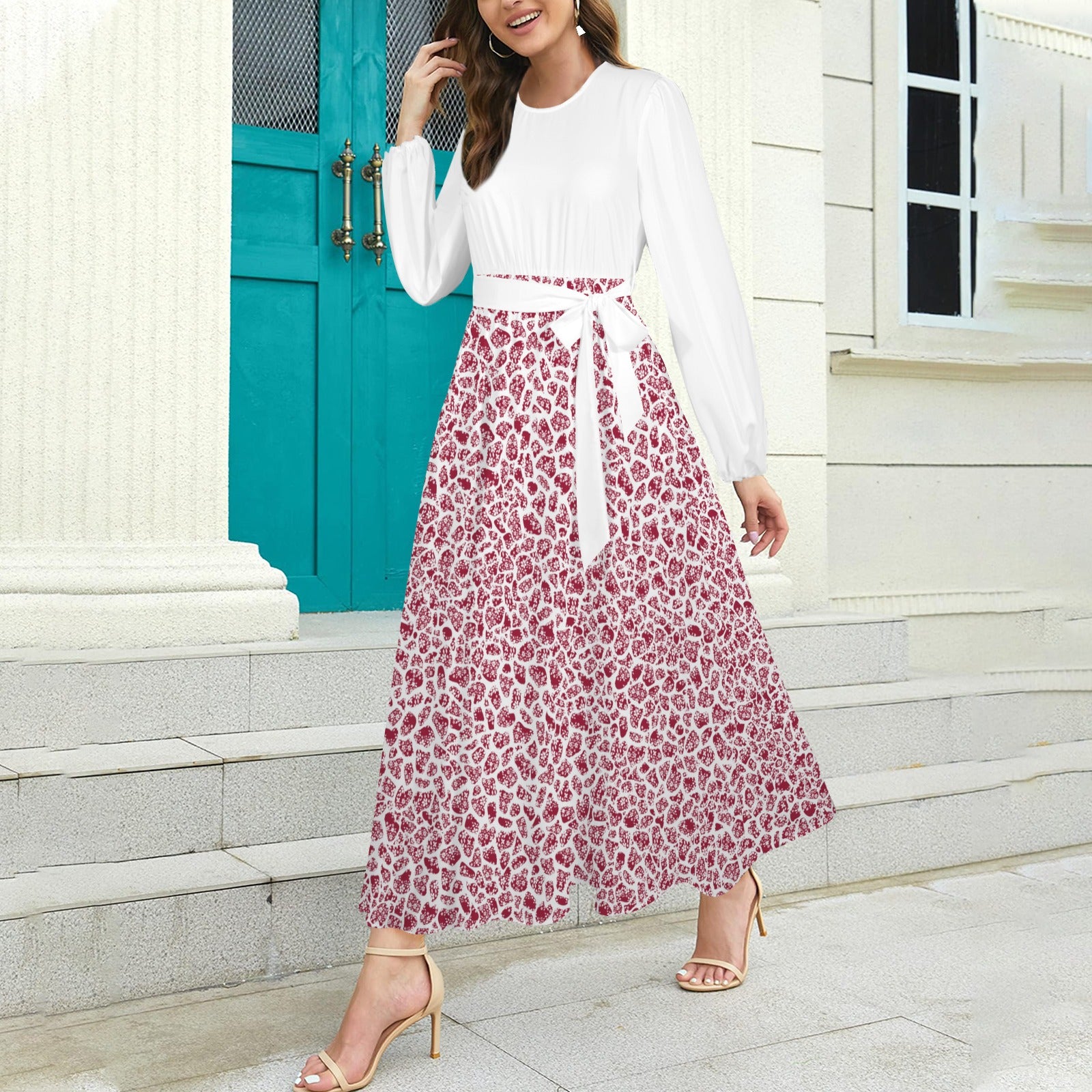 White & Red Floral & Petal Print Long Sleeve Belted Long Dress