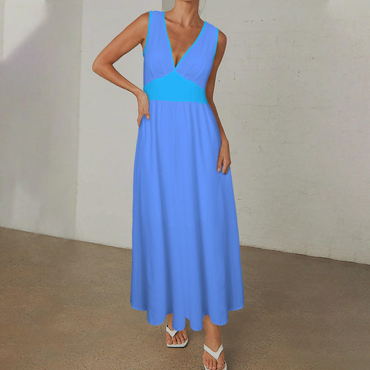 Deep V-Neck Sleeveless Hight Waisted Maxi Dress Ocean Blues