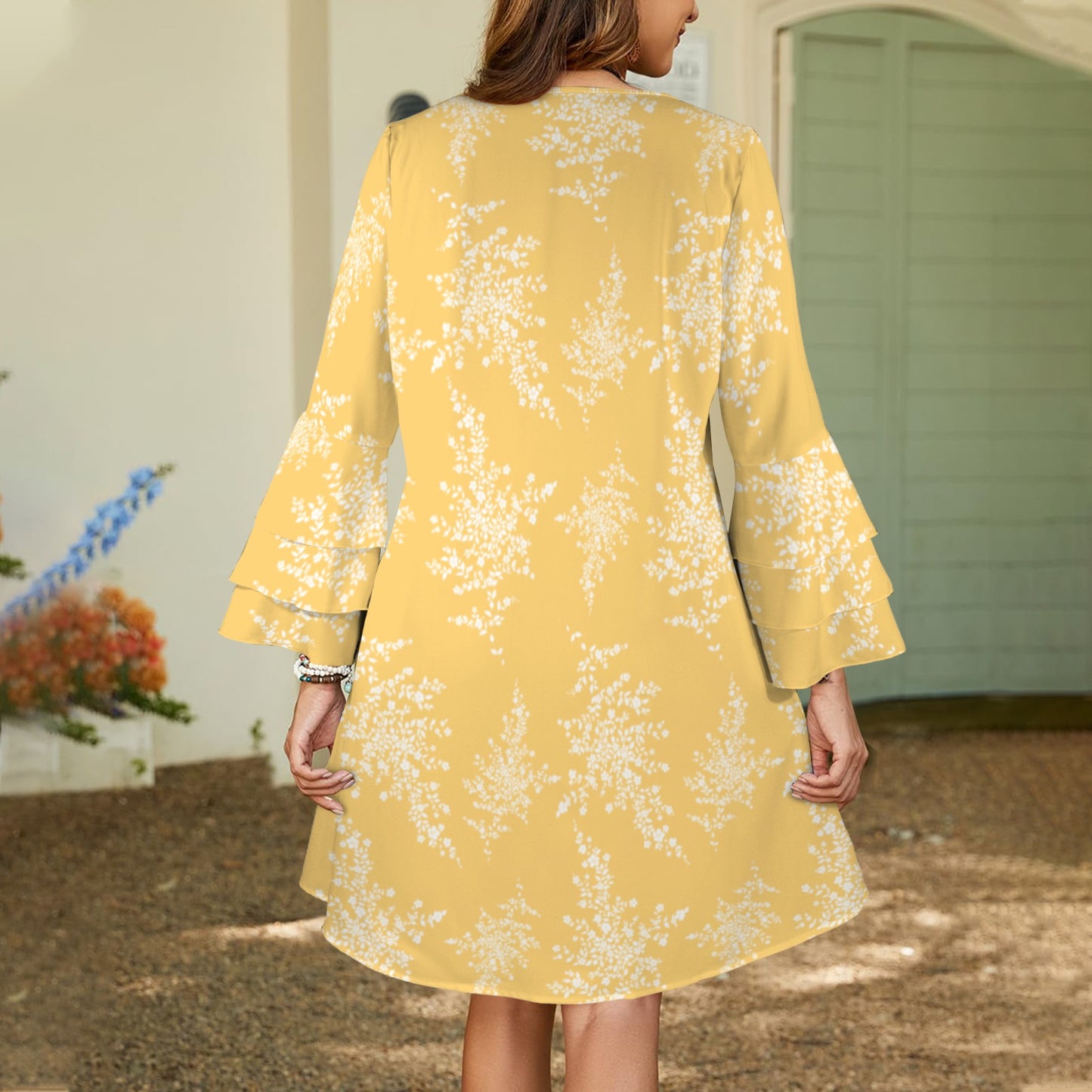 Yellow White Floral Neck Layered Flared Sleeve Dress