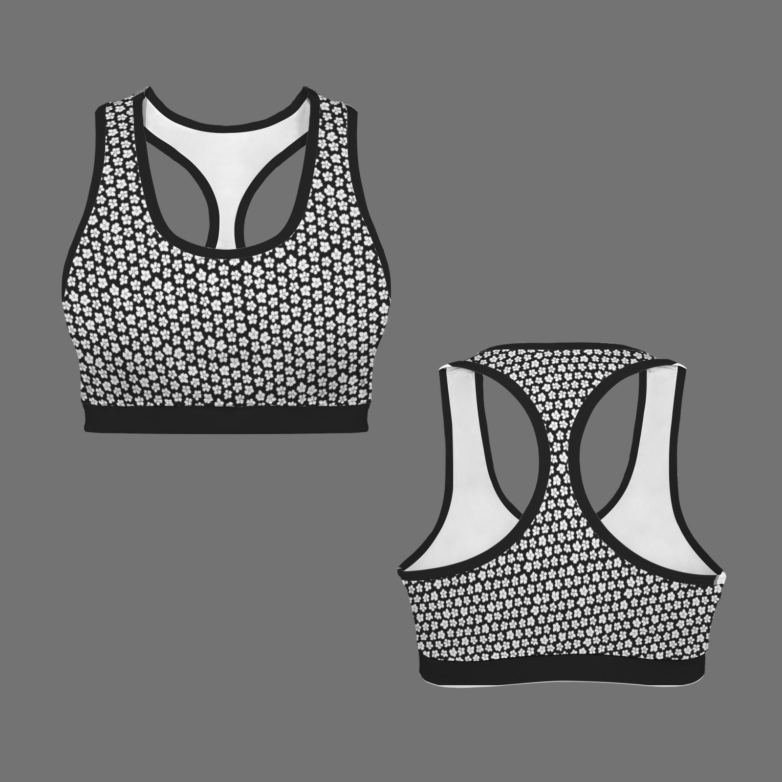 Racerback Sports Bra White Black Flower Print