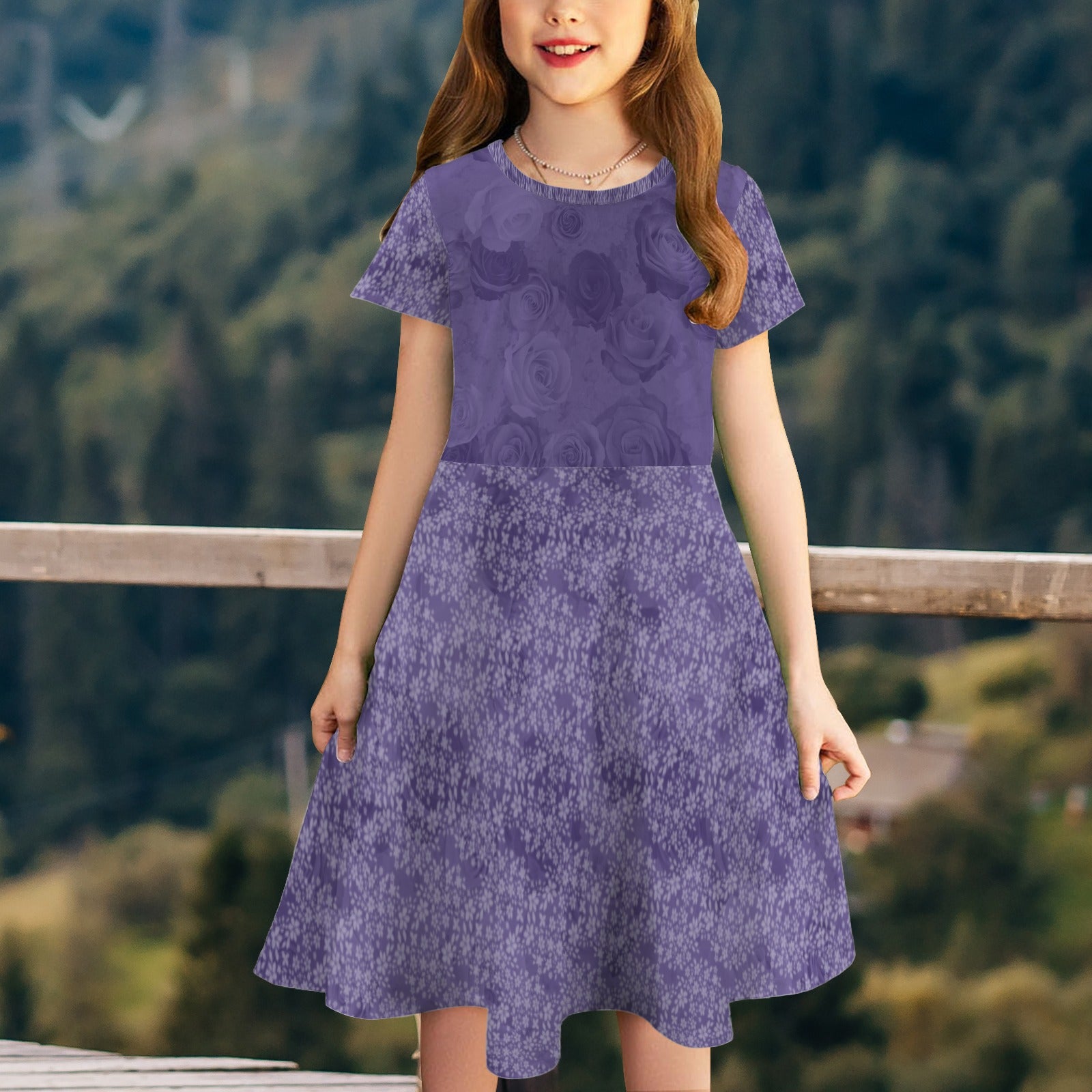 Short Sleeve Flowy Hem Girls Dress Violet Blue Roses Floral