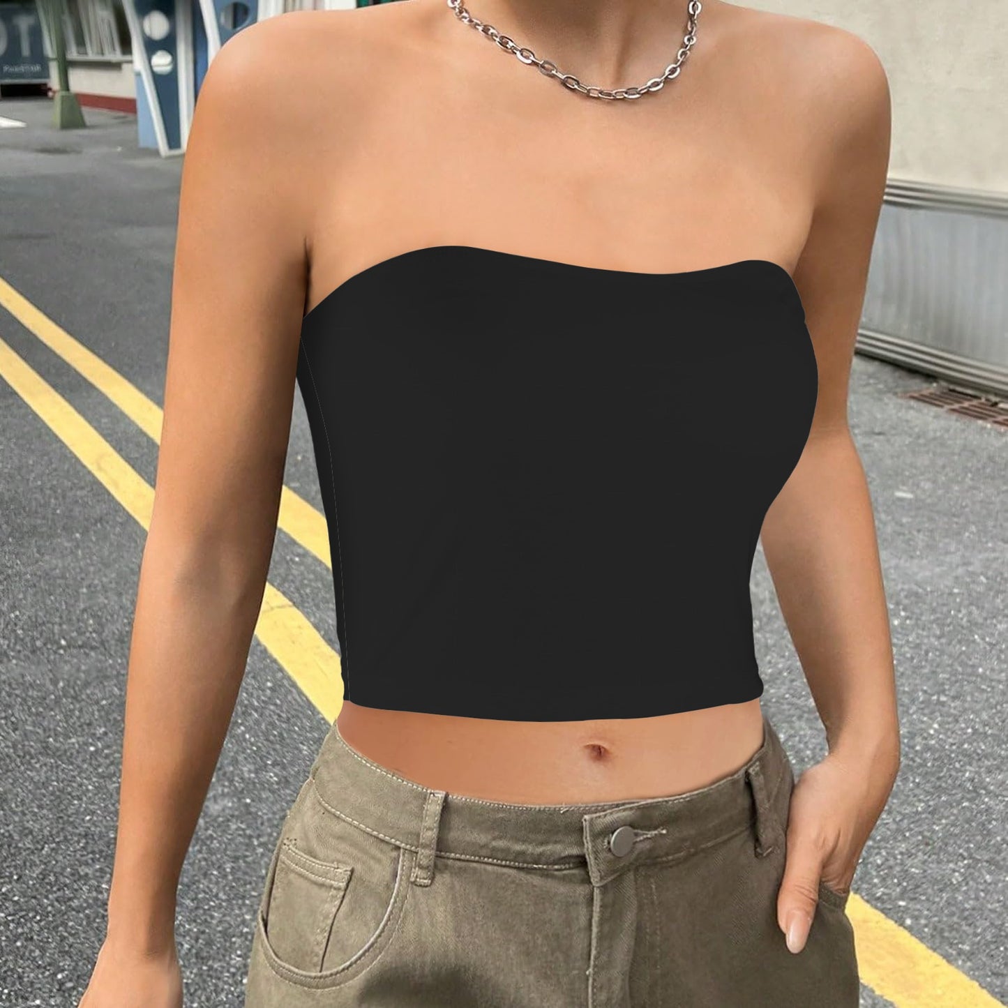 Black Basic Backless Tube Crop Top