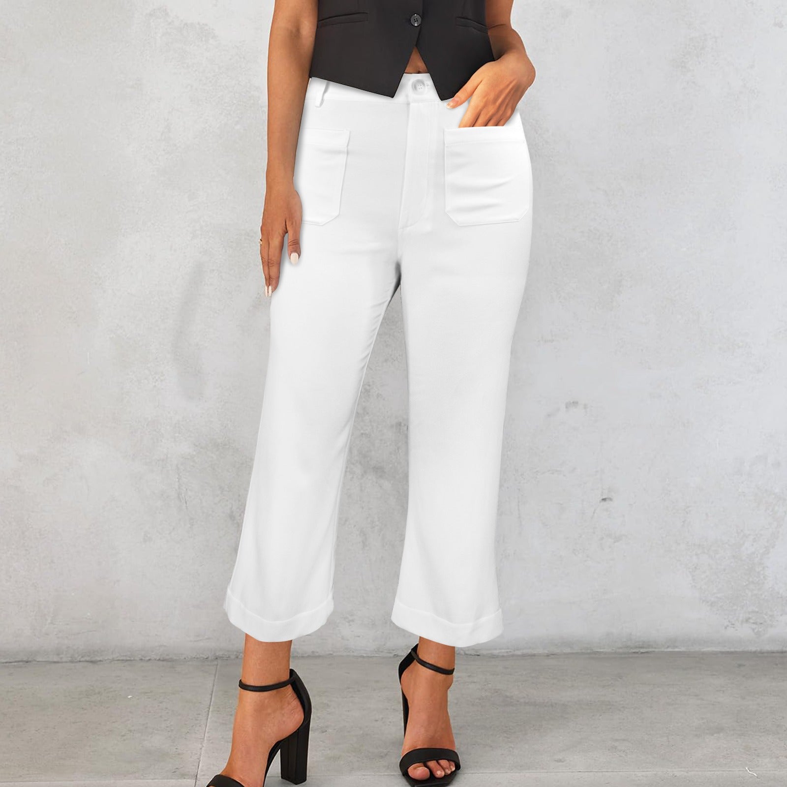 High Waist Pocket Flared Cropped Pants White