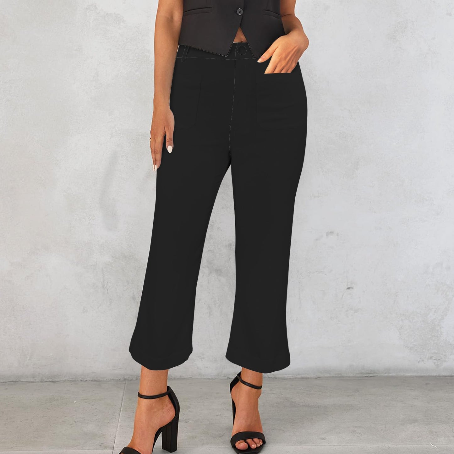 High Waist Pocket Flared Cropped Pants Black