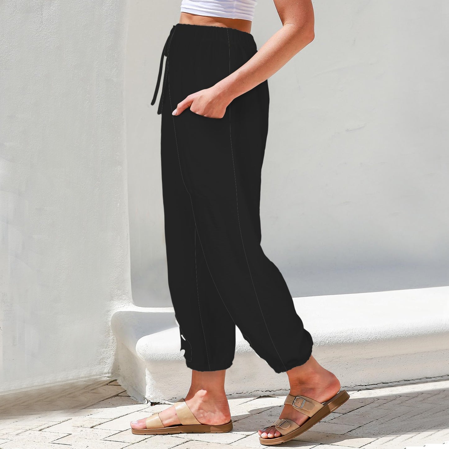 Loose Pocket Gathered Button Ankle Pants Black