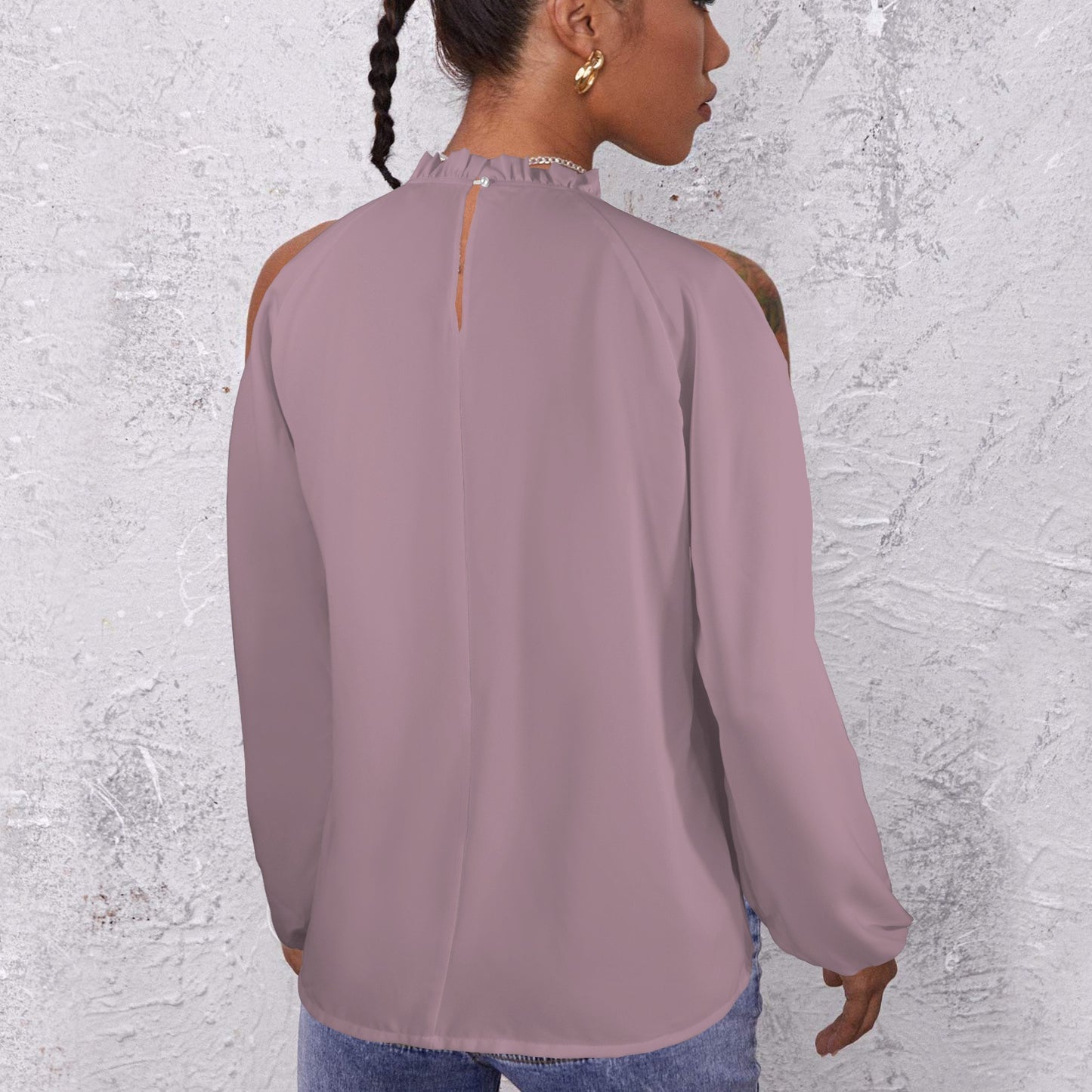 Lotus Leaf Round Neck Long Sleeve Pleated Off Shoulder Blouse Mauve