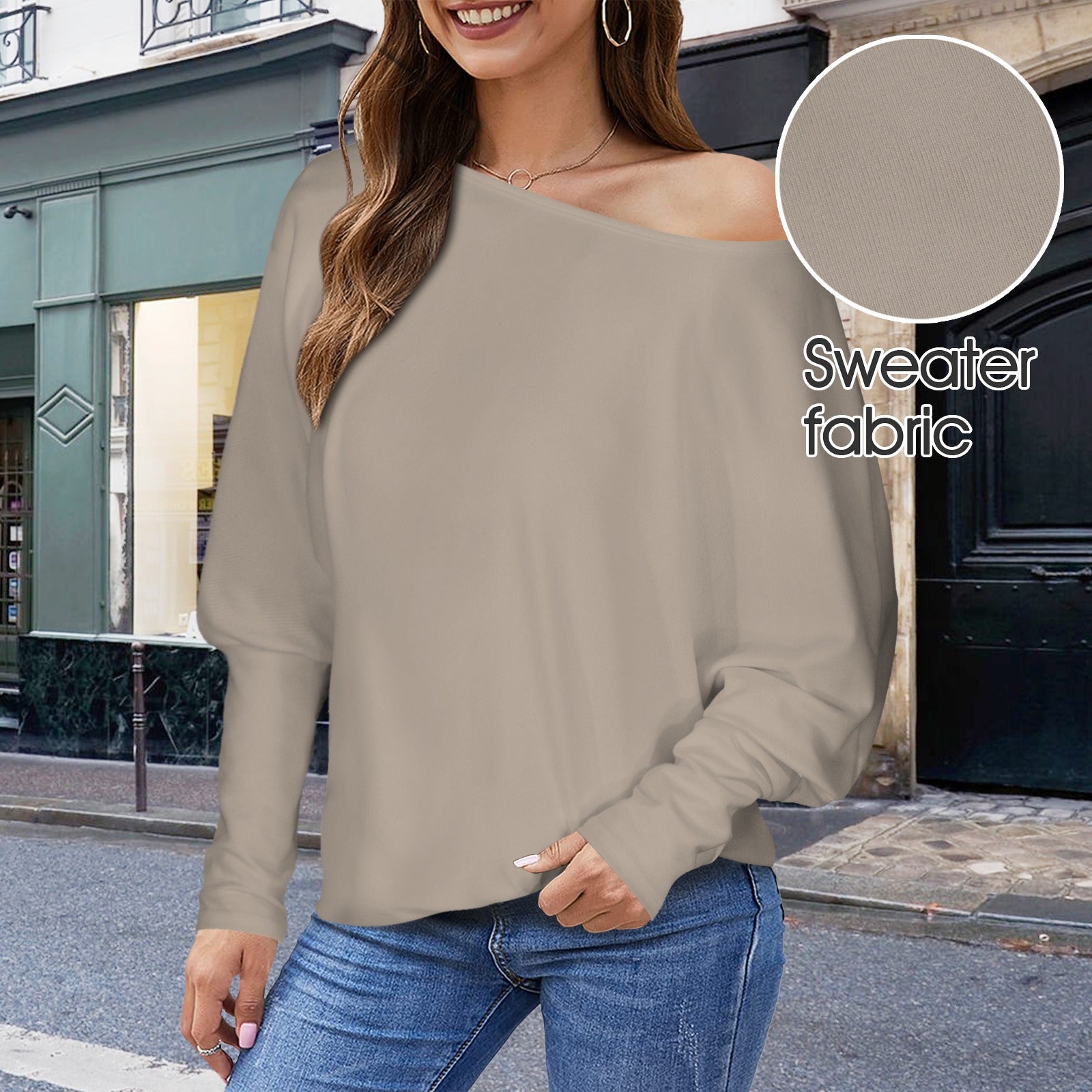 Casual Long Batwing Sleeve Off Shoulder Sweater Top Light Mocha