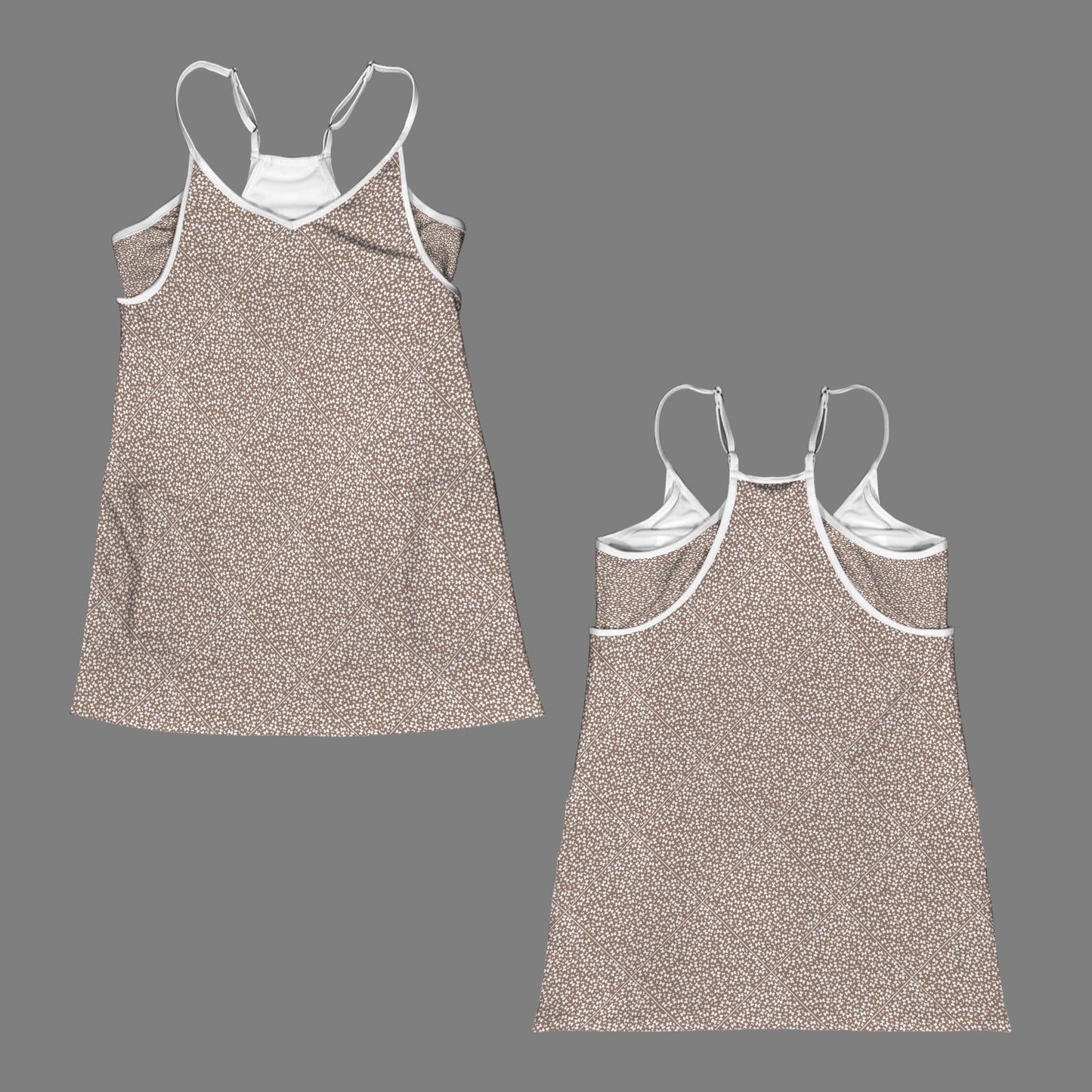 Spaghetti Straps Pockets Active Romper Dress Beige Brown White Butterflies Diamond Print