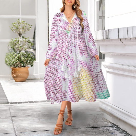 White & Multi Floral Layers Print Long Sleeve Loose Mid-Length Dress