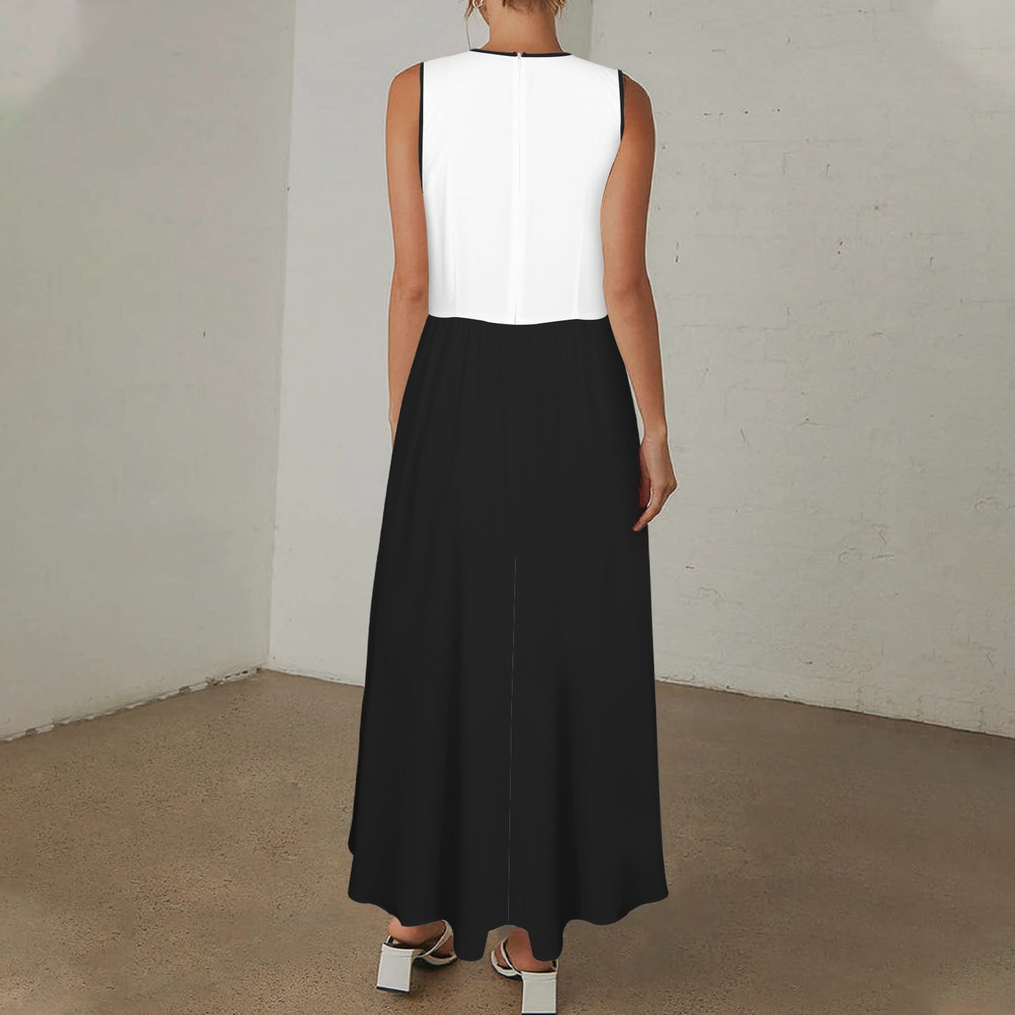 Deep V-Neck Sleeveless Hight Waisted Maxi Dress White Black