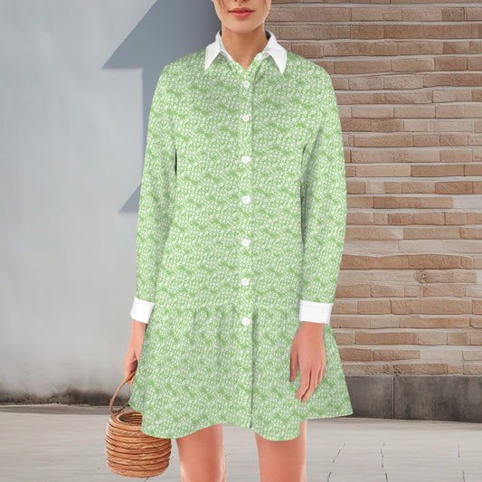 Green White Floral Lapel Button Long Sleeve Pleated Shirt Dress