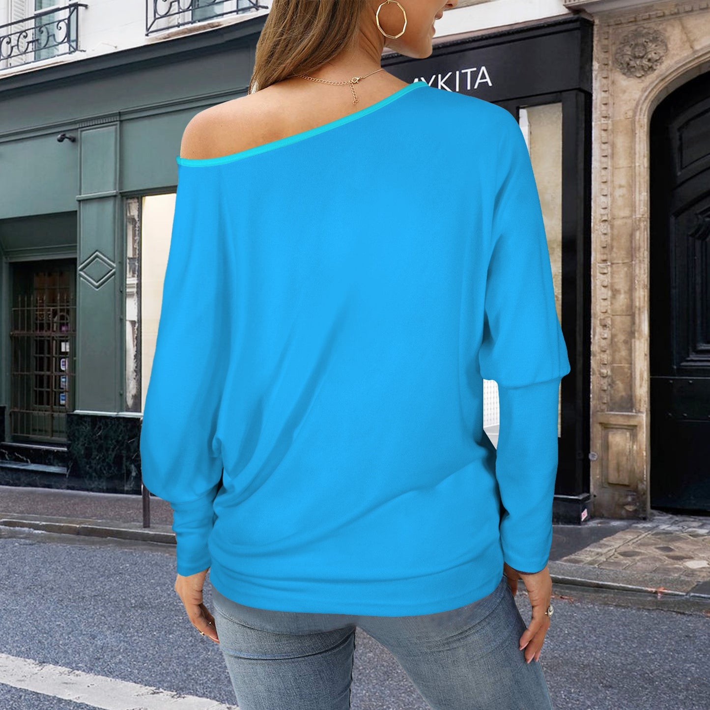 Casual Long Batwing Sleeve Off Shoulder Sweater Top Blue Bright