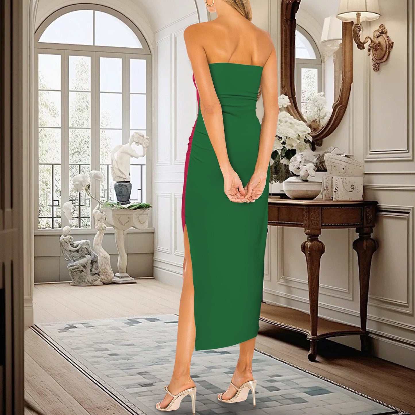 Strapless Side Slit Maxi Slim Fit Dress Holiday Red Green