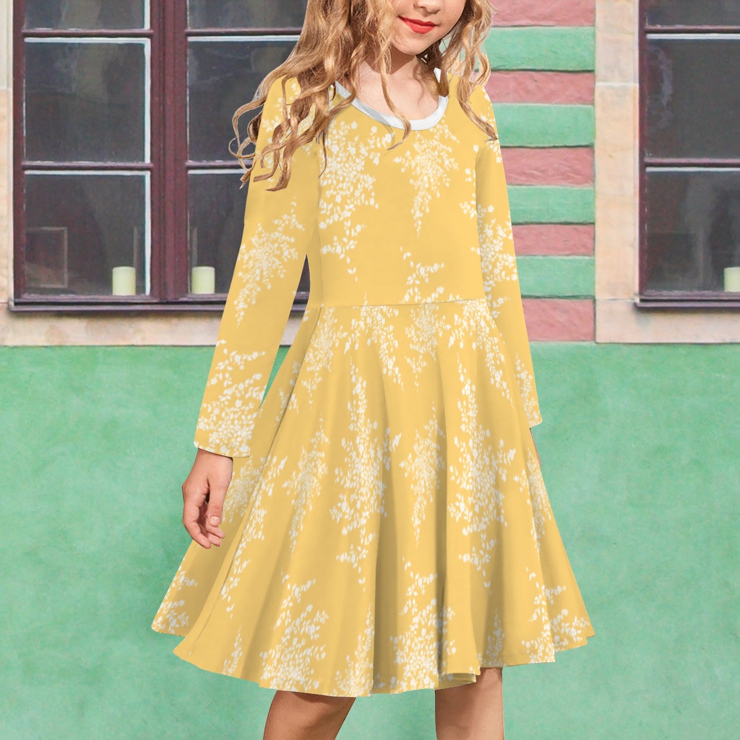 Long Sleeve Cross Back Girls Dress Yellow Floral