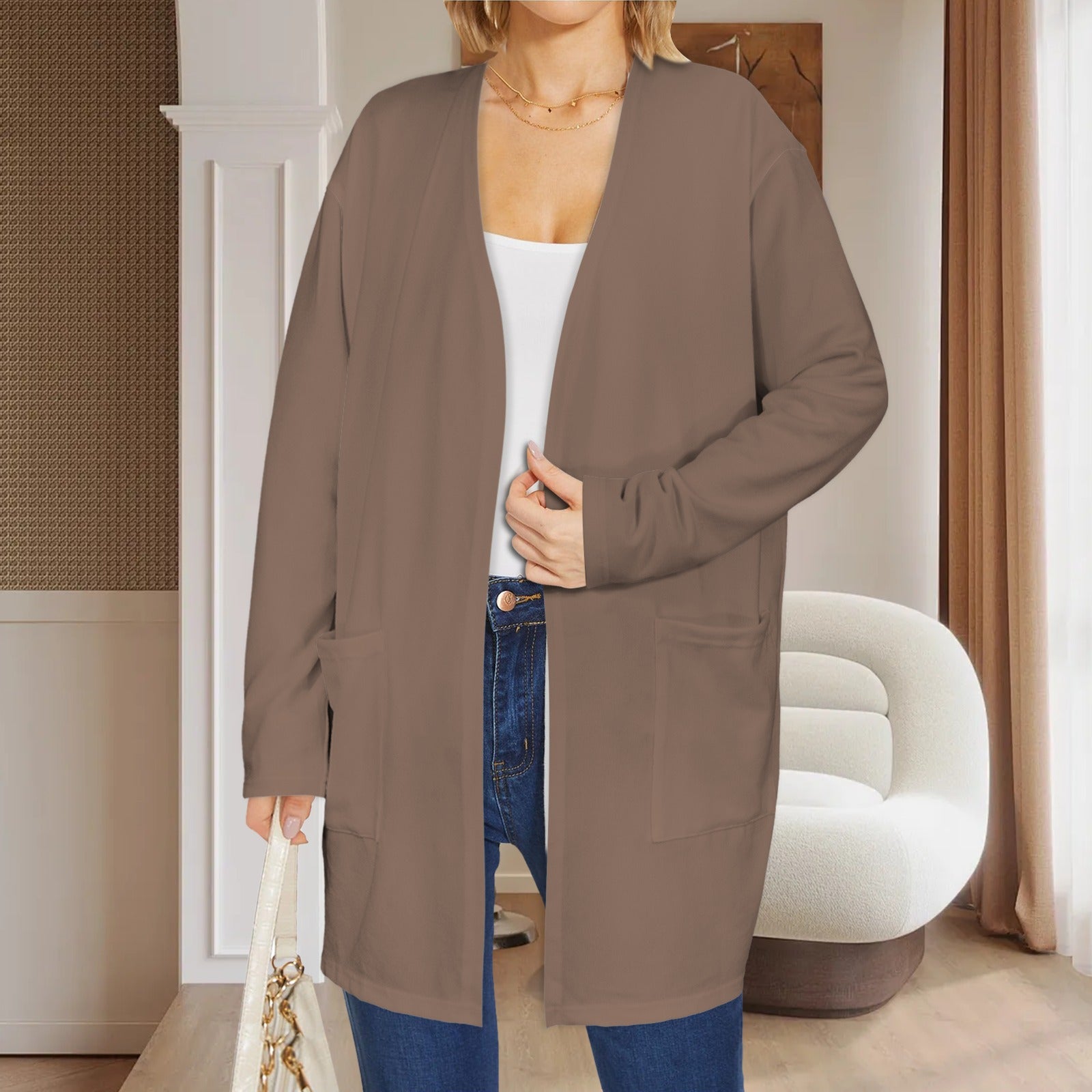 Long Sleeve Pocket Cardigan Beige Brown