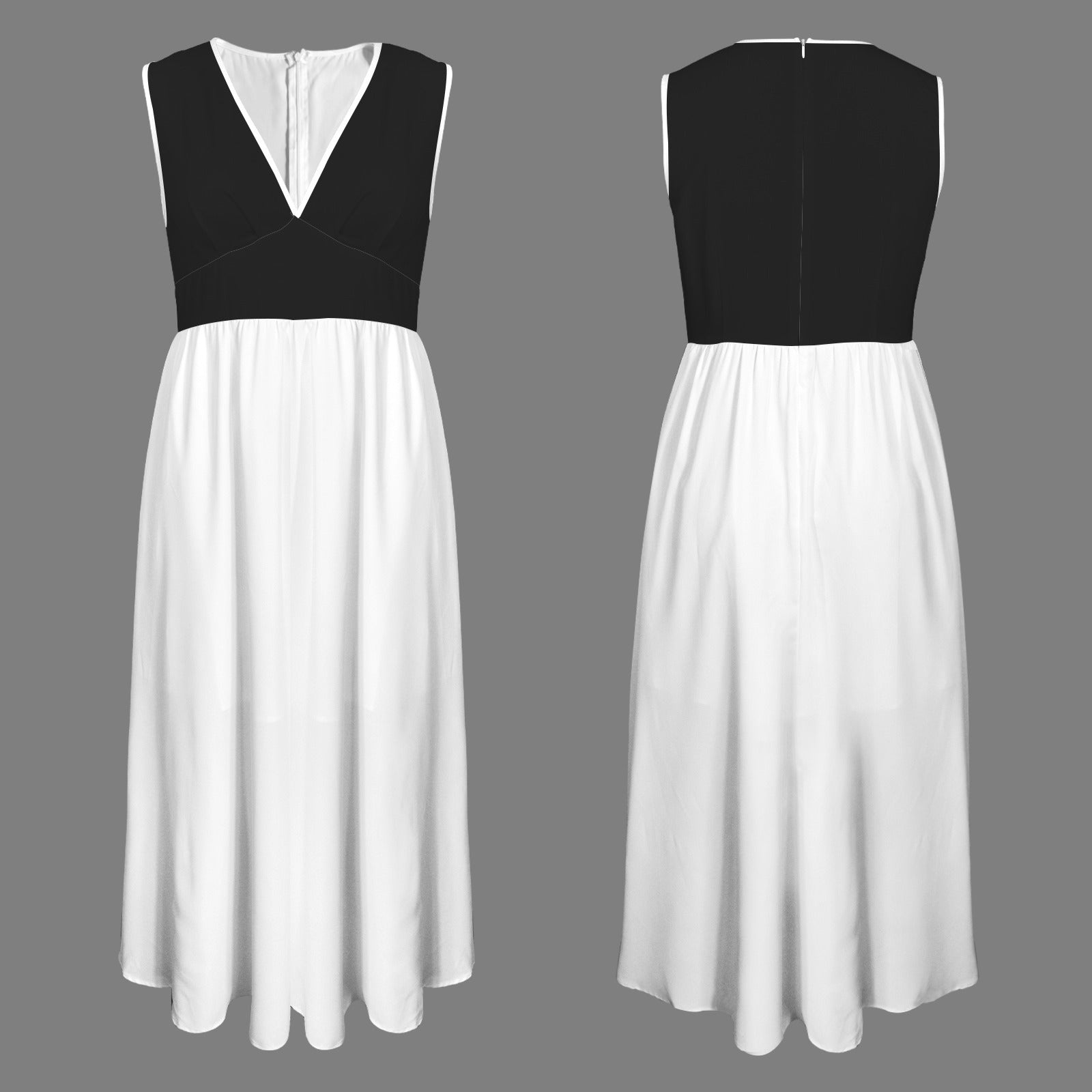 Deep V-Neck Sleeveless Hight Waisted Maxi Dress Black White