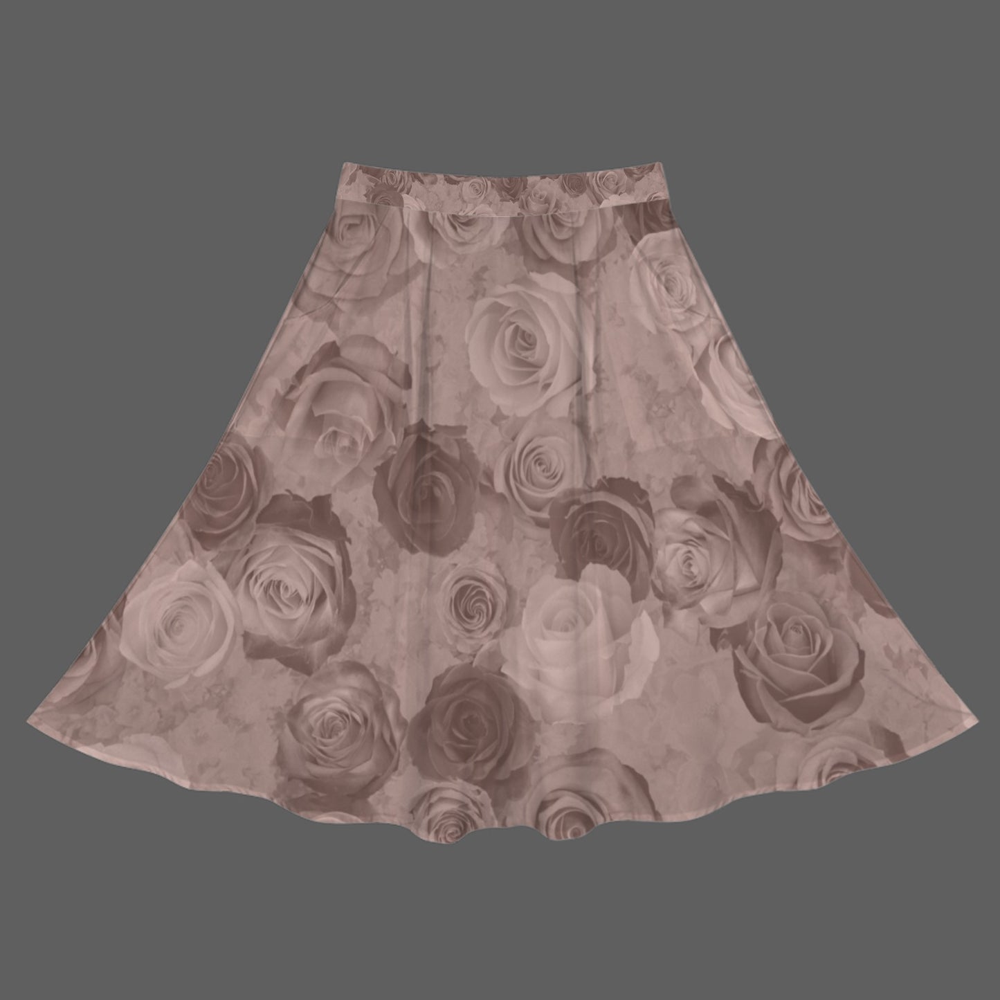 Neutral Mauve Roses Elastic Waist Pocket Full Skirt