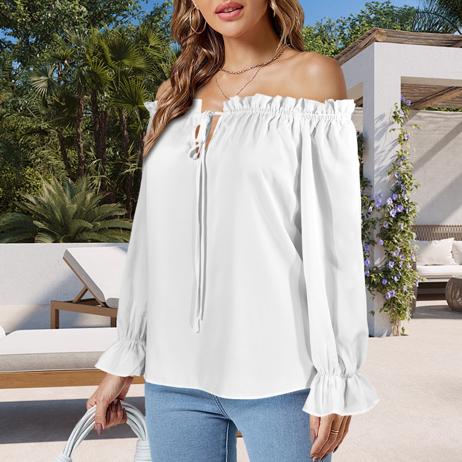 Off Shoulder Lantern Sleeve Ruffle Trim Blouse White