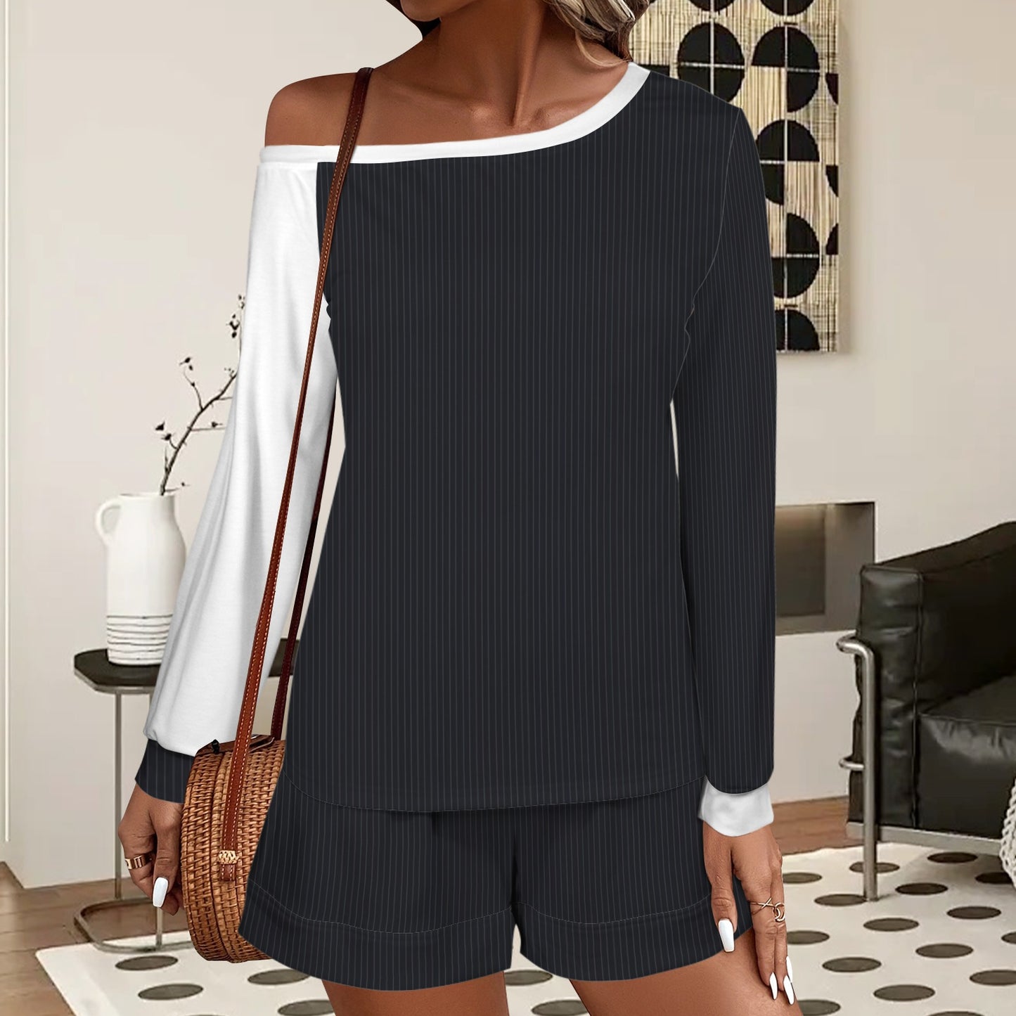 Slanted Off Shoulder Sweatshirt & Elastic Waist Shorts Set Midnight Pinstripe