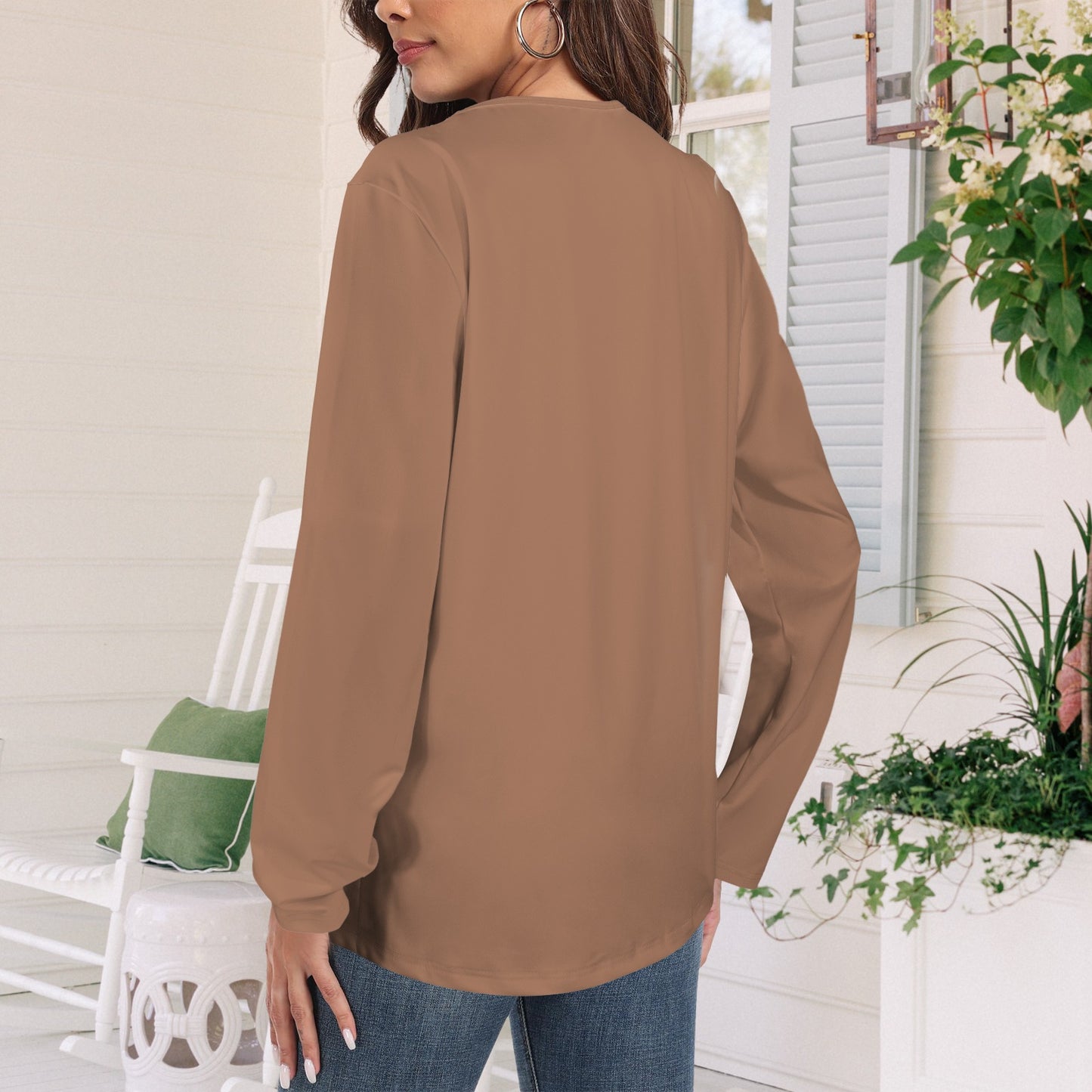 Long Sleeve Round Neck T Shirt Brown Beige