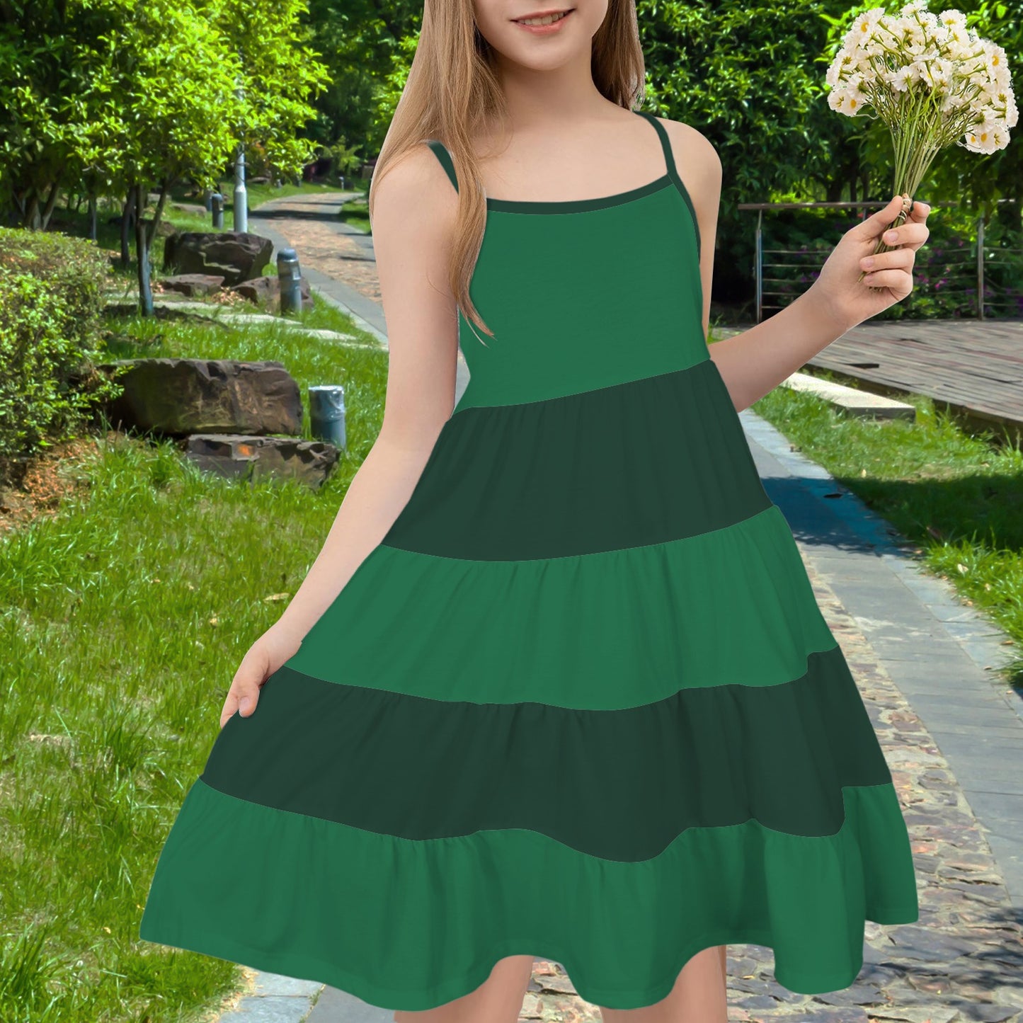 Spaghetti Strap Tiered Girls Dress Emerald Garden