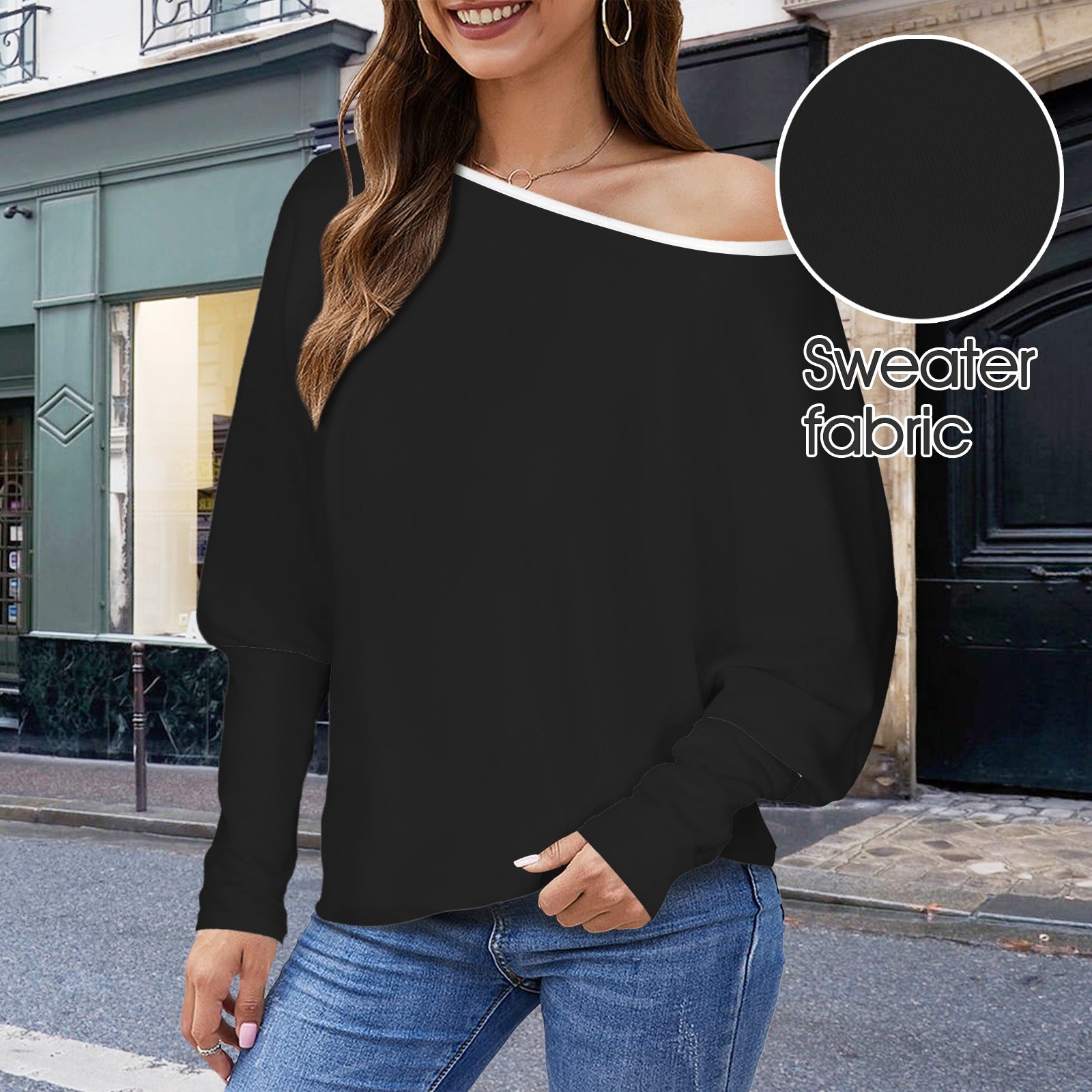 Casual Long Batwing Sleeve Off Shoulder Sweater Top Black