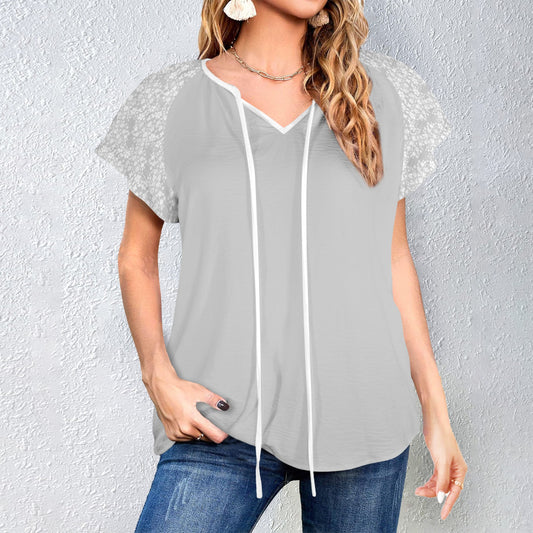 V-Neck Drawstring Blouse Tops Grey White Floral