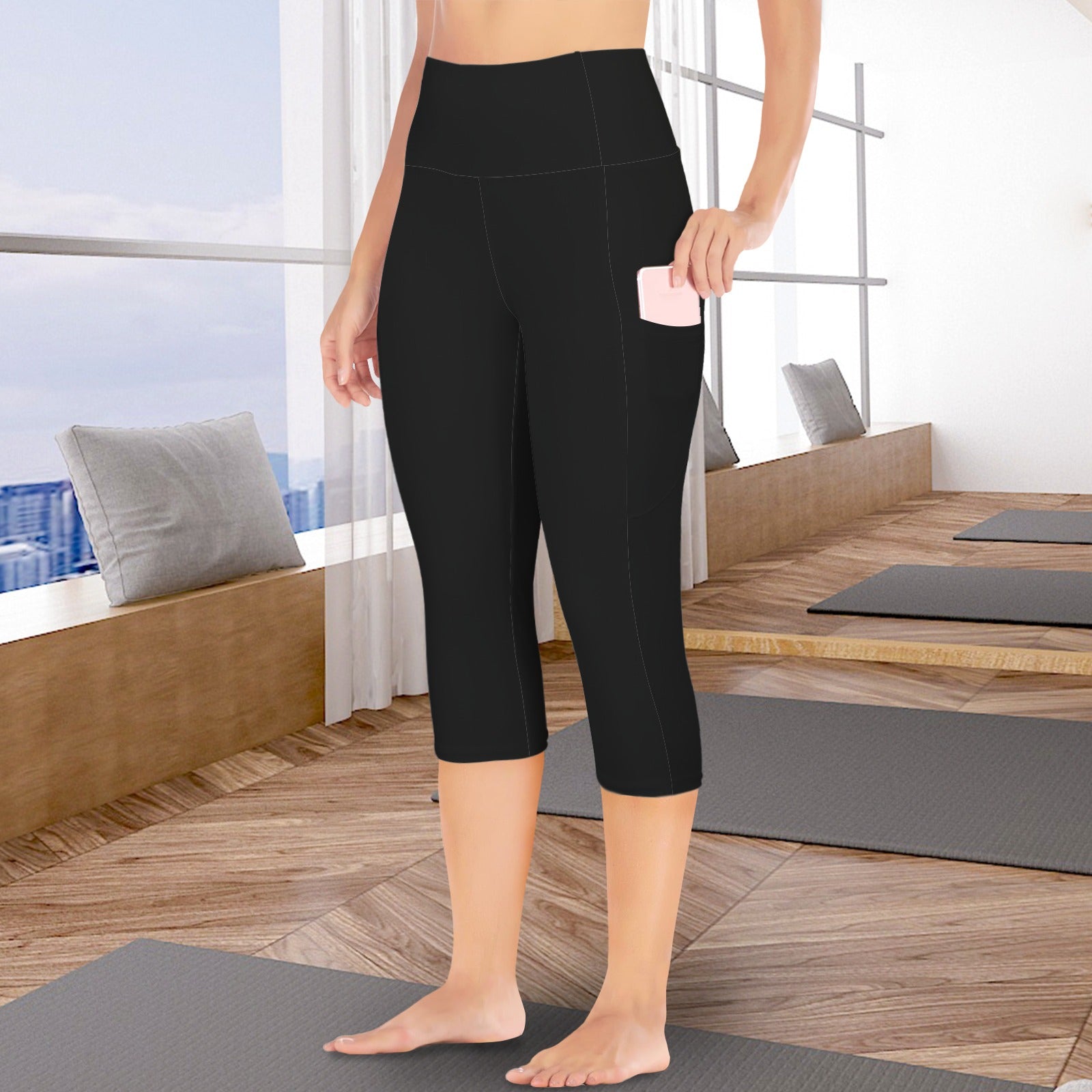 High Waist Pocket Capri Yoga Leggings Black