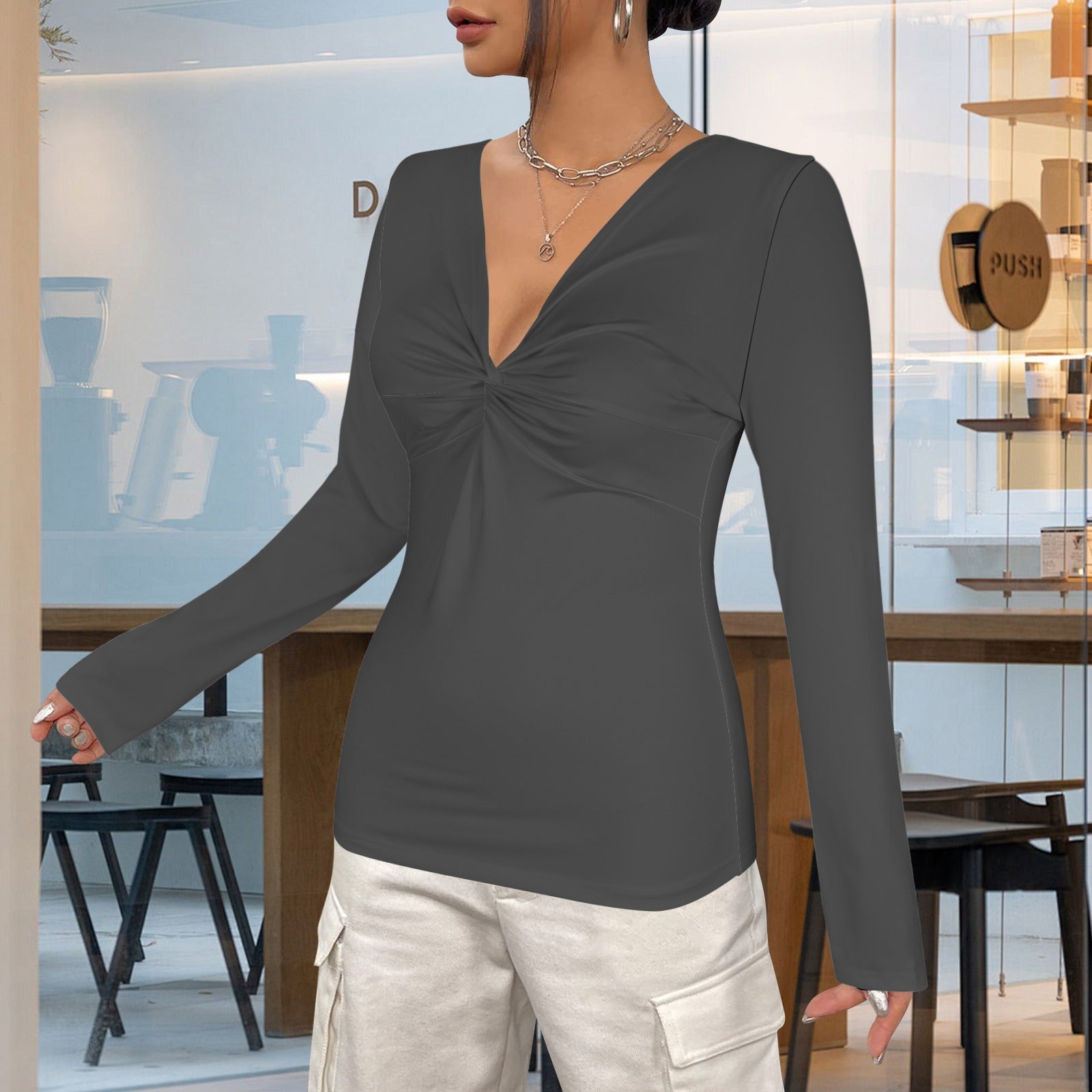 Dark Grey Twist V Neck Long Sleeve Slim Fit Top