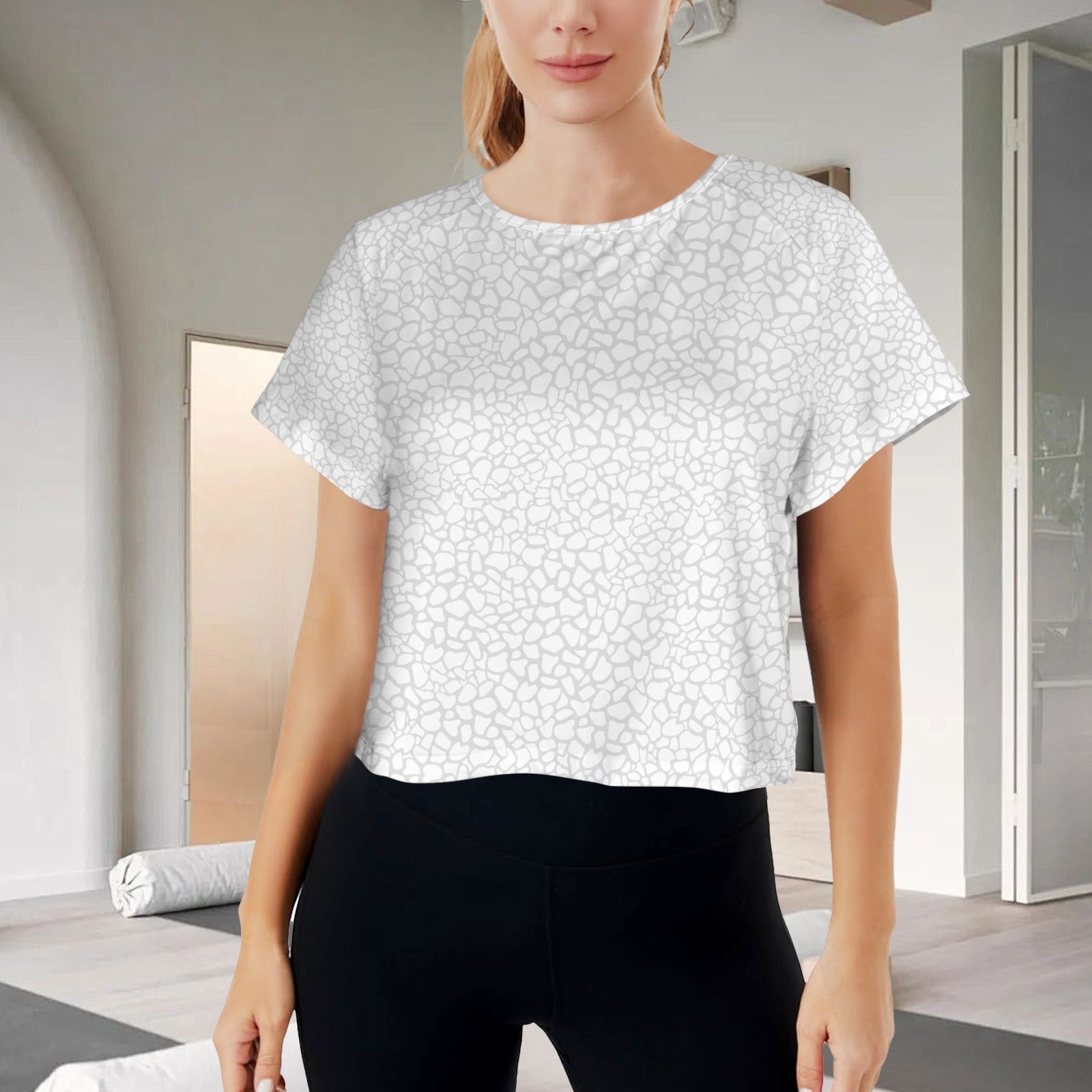 Crop Split Back Sports Tops White Grey Abstract Petal Print