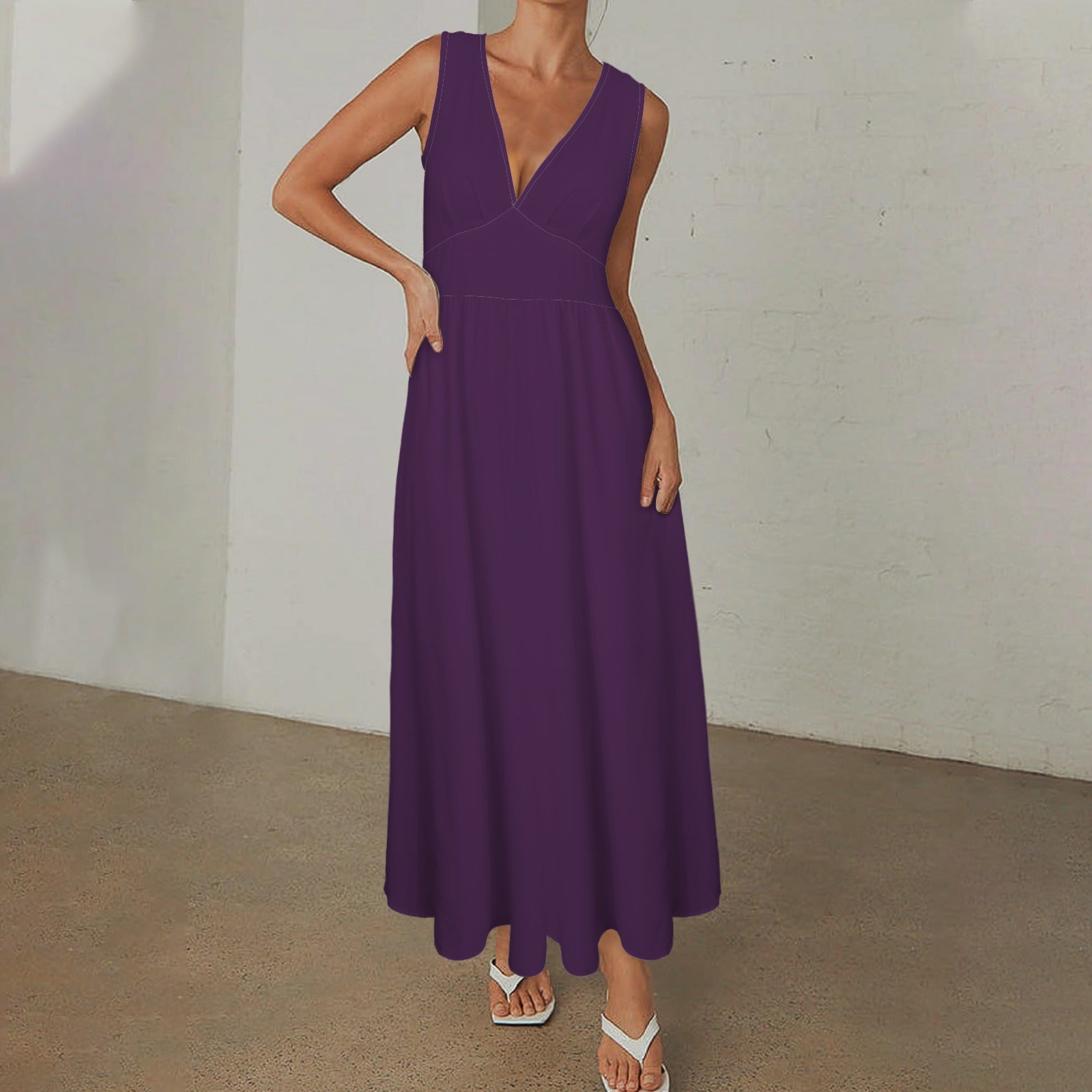 Deep V-Neck Sleeveless Hight Waisted Maxi Dress Flower Purple