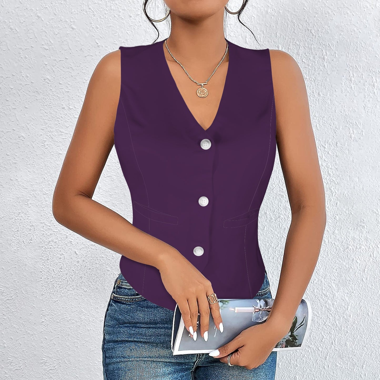 V-Neck Sleeveless Button Pocket Vest Flower Purple