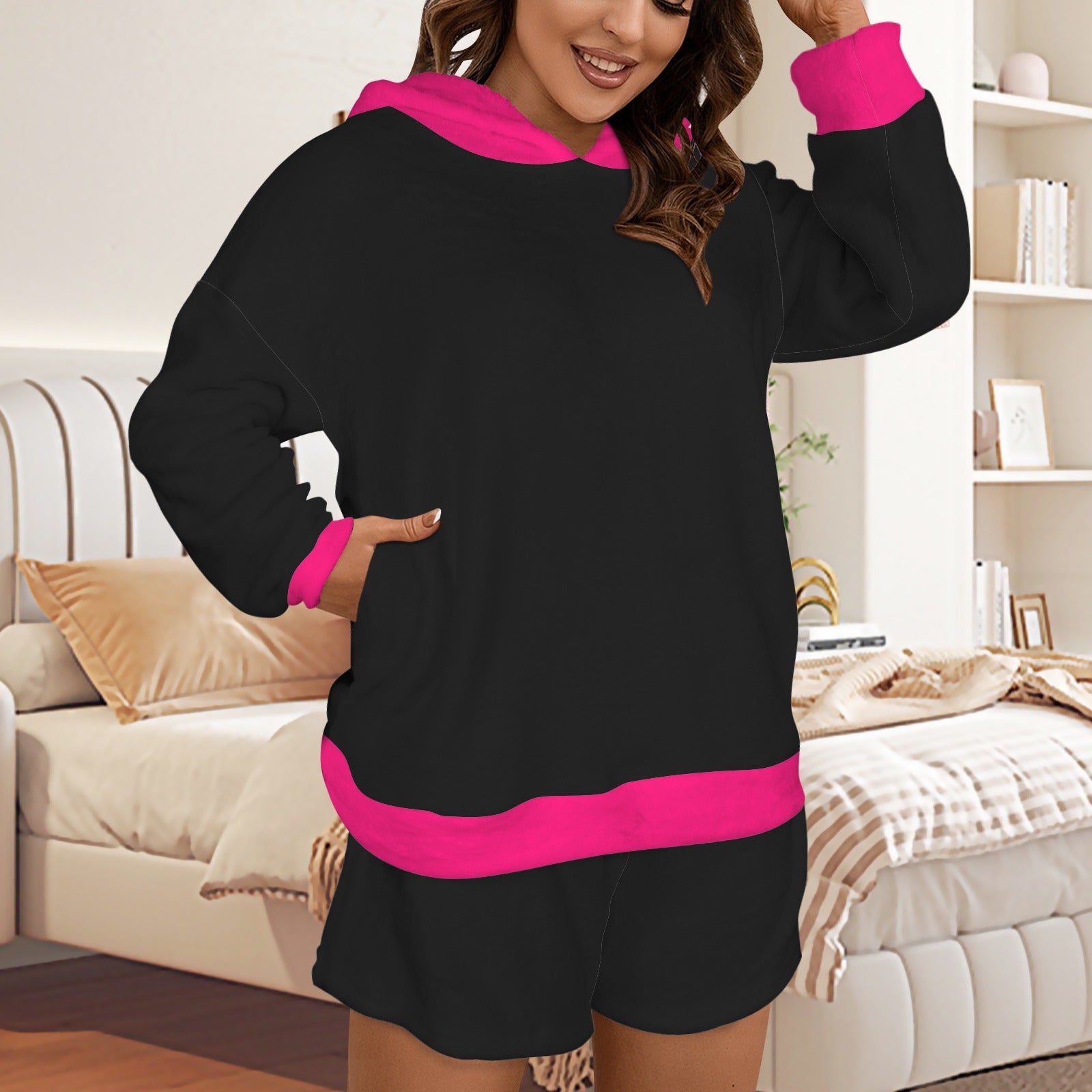 Plush Hooded Pajamas Set Black & Magenta Unlimited as the Stars