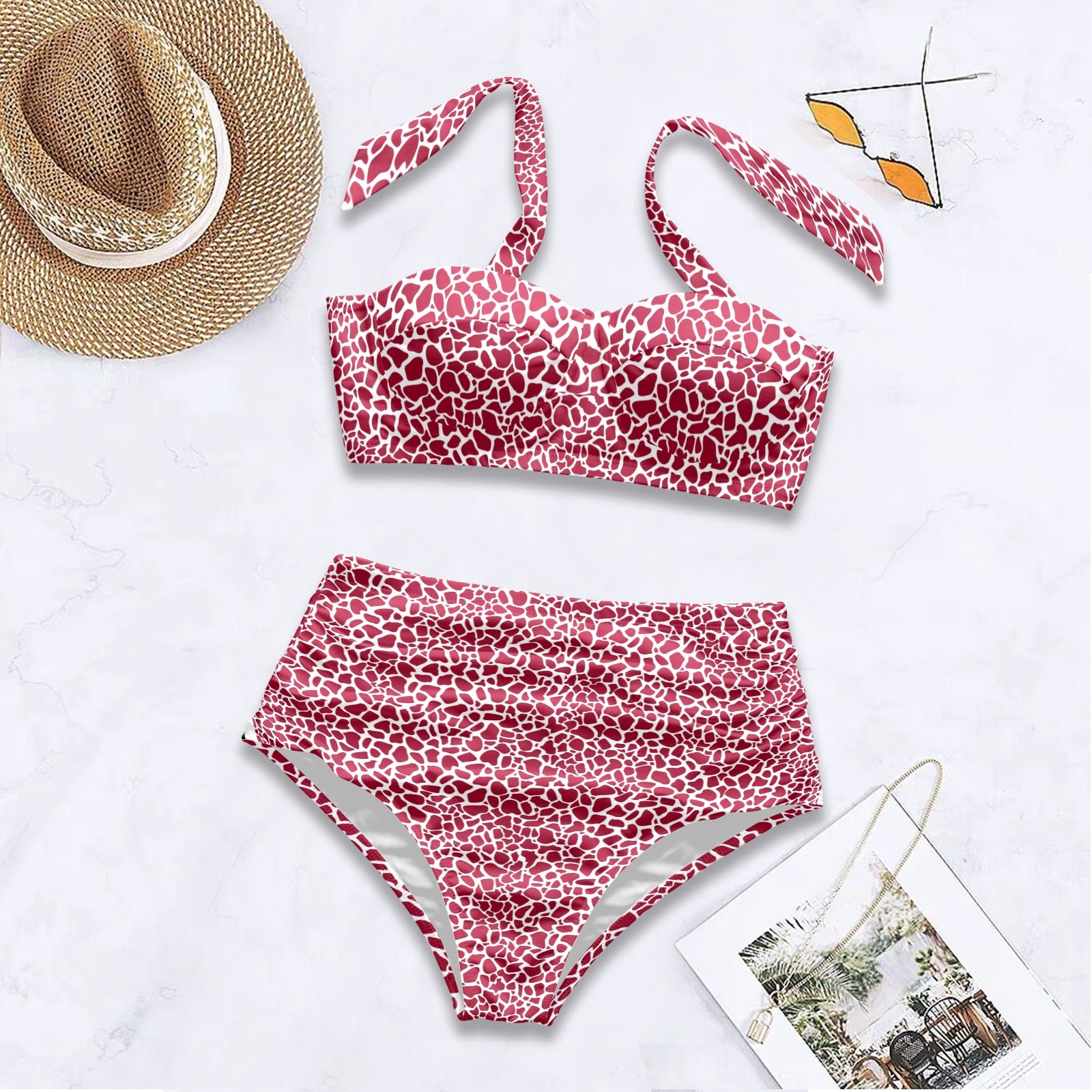 Red White Petal Print Tie Bikini