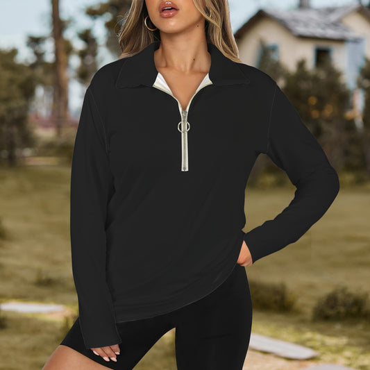 Lapel Half Zip Long Sleeve T-Shirt Black