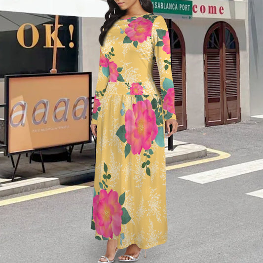 Long Sleeve Pocket Pleated Maxi Dress Yellow Multi Rose Floral