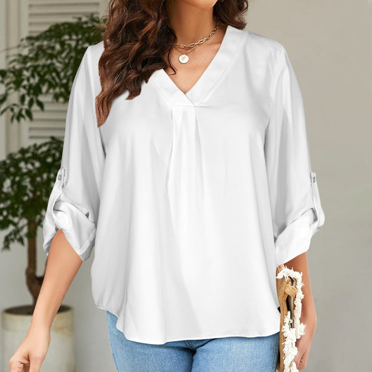 White V-neck Cuffed Sleeve Blouse