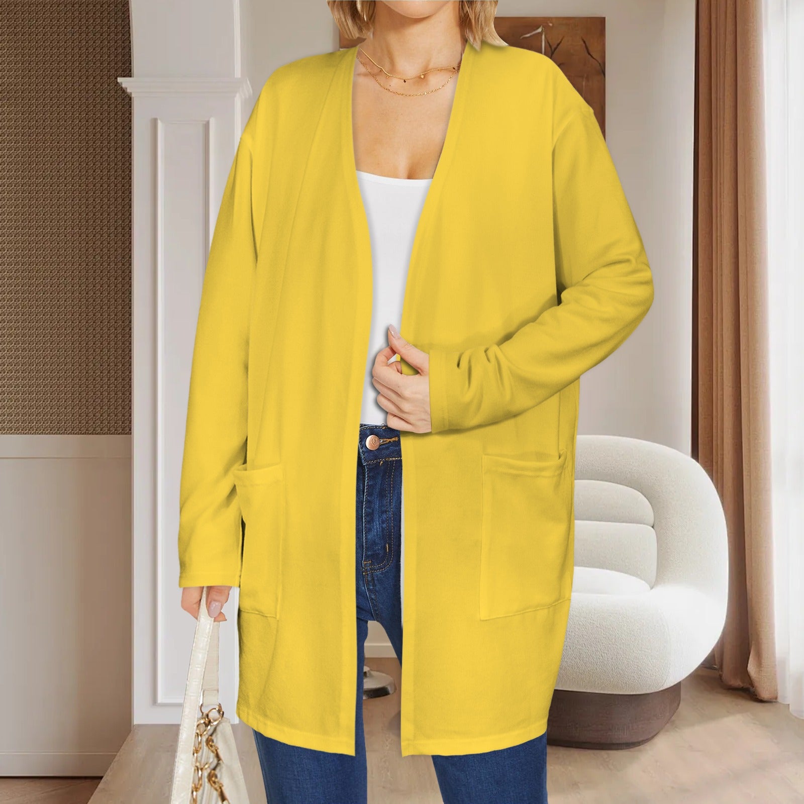 Long Sleeve Pocket Cardigan Yellow