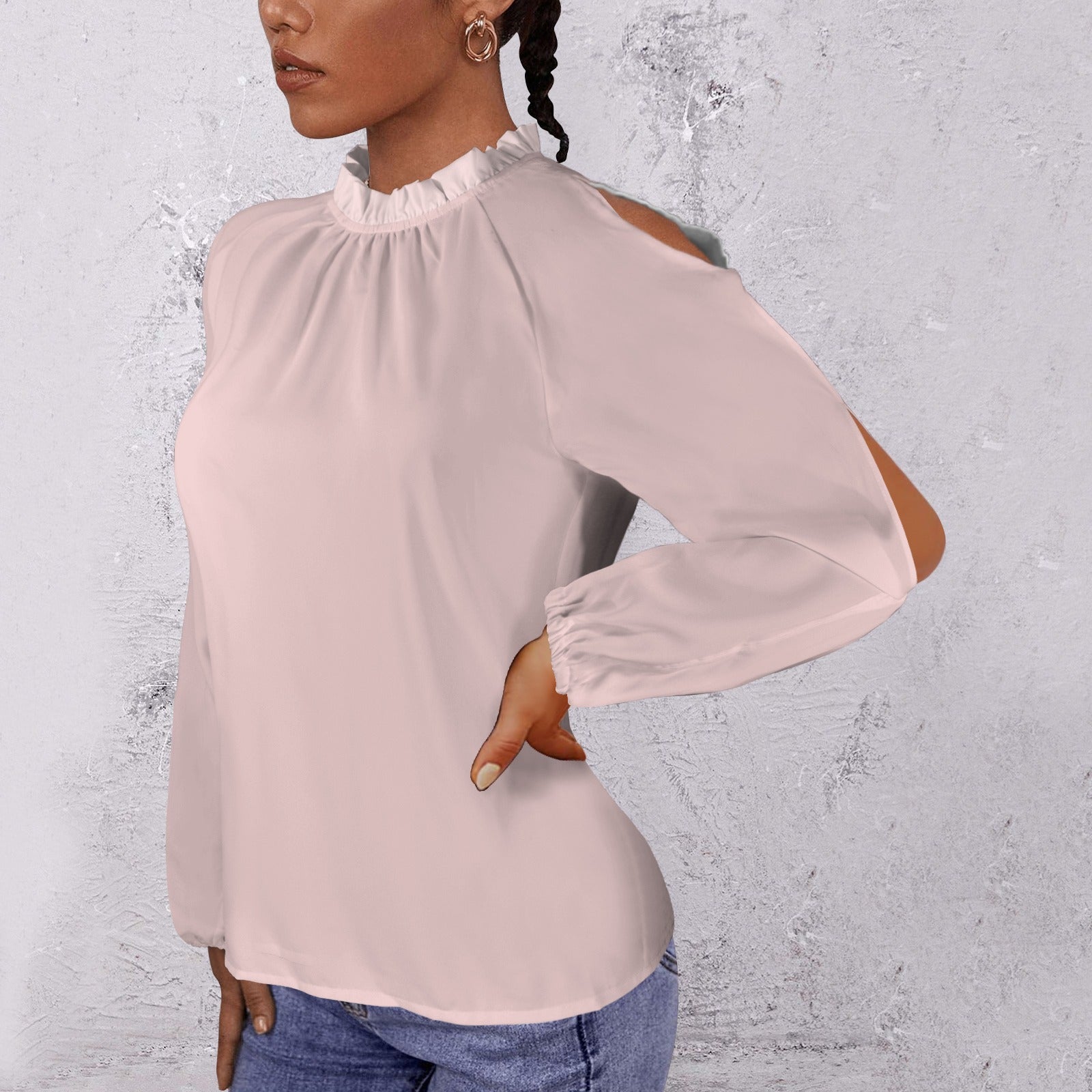 Lotus Leaf Round Neck Long Sleeve Pleated Off Shoulder Blouse Ballet Pinks