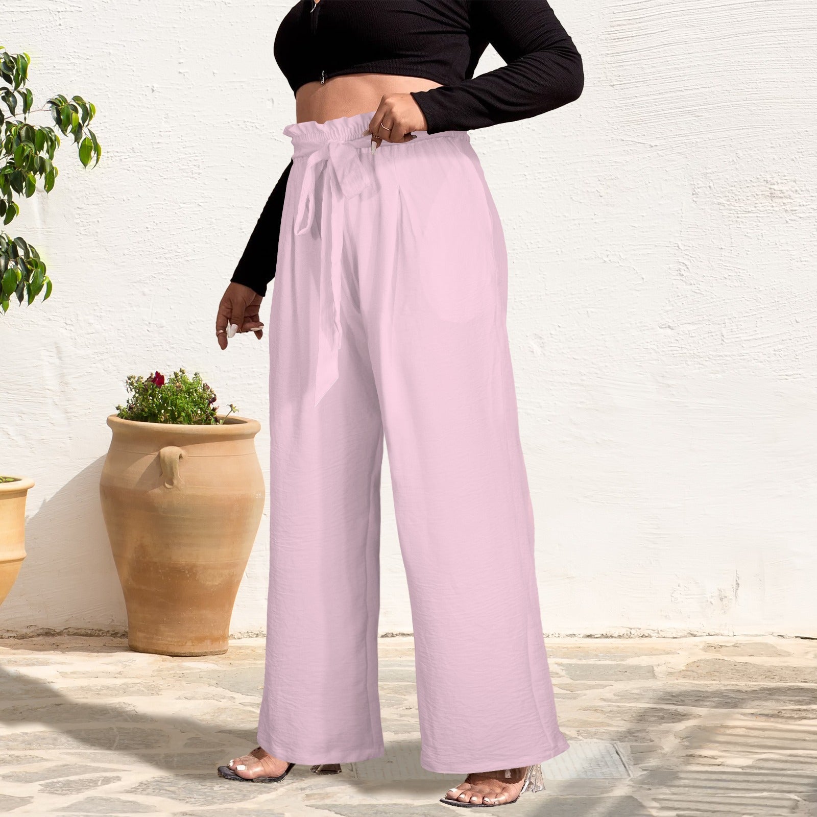 High Waist Pocket Wide Leg Pants Pink