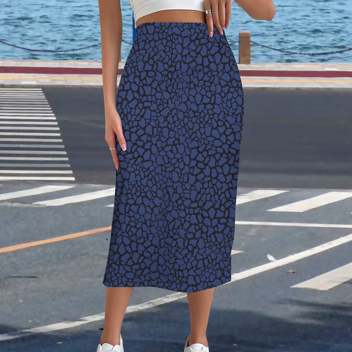 High Waist Split Skirt Bold Blue Black Petal Print