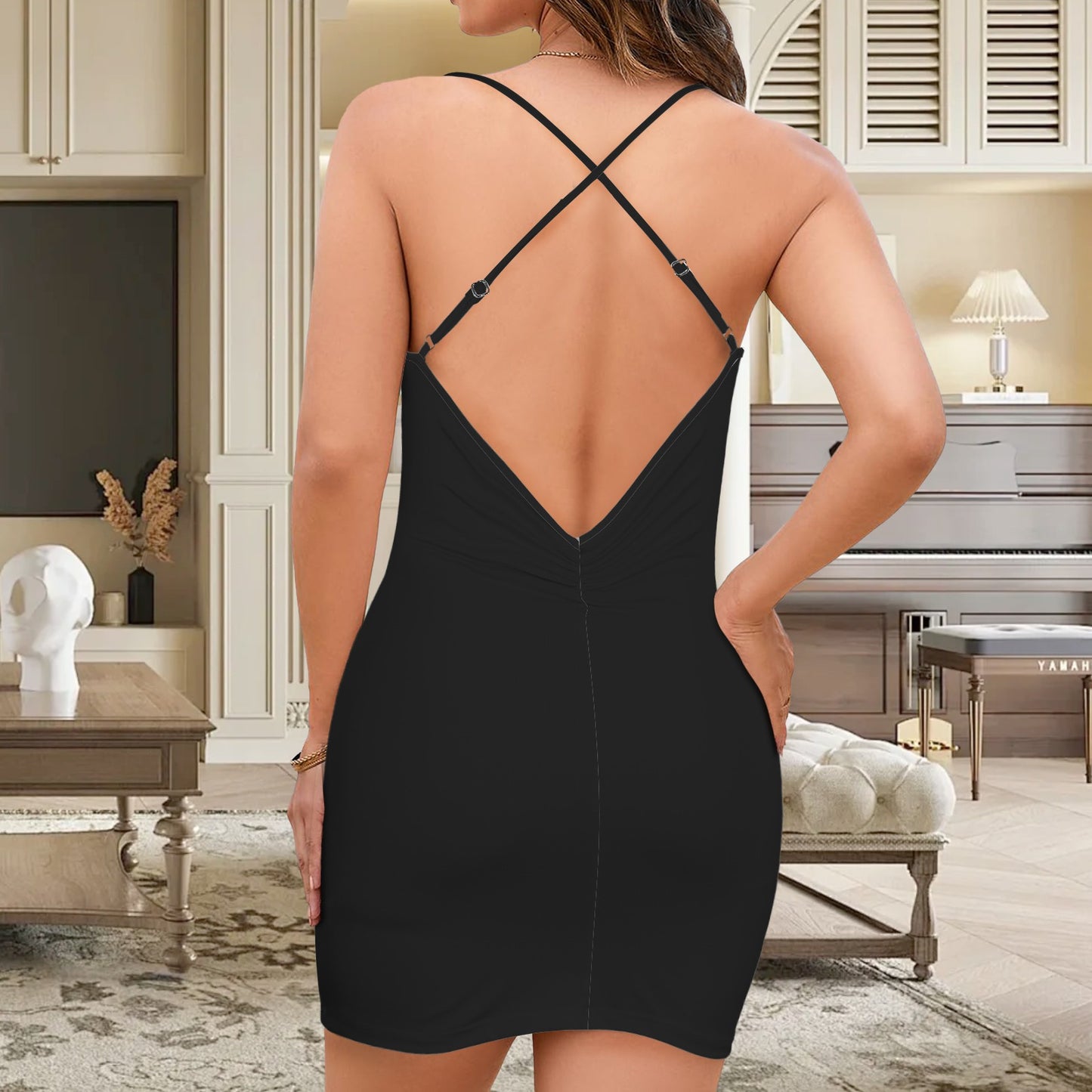 Custom Individualized Women's Crisscross Backless Bodycon Dress Black