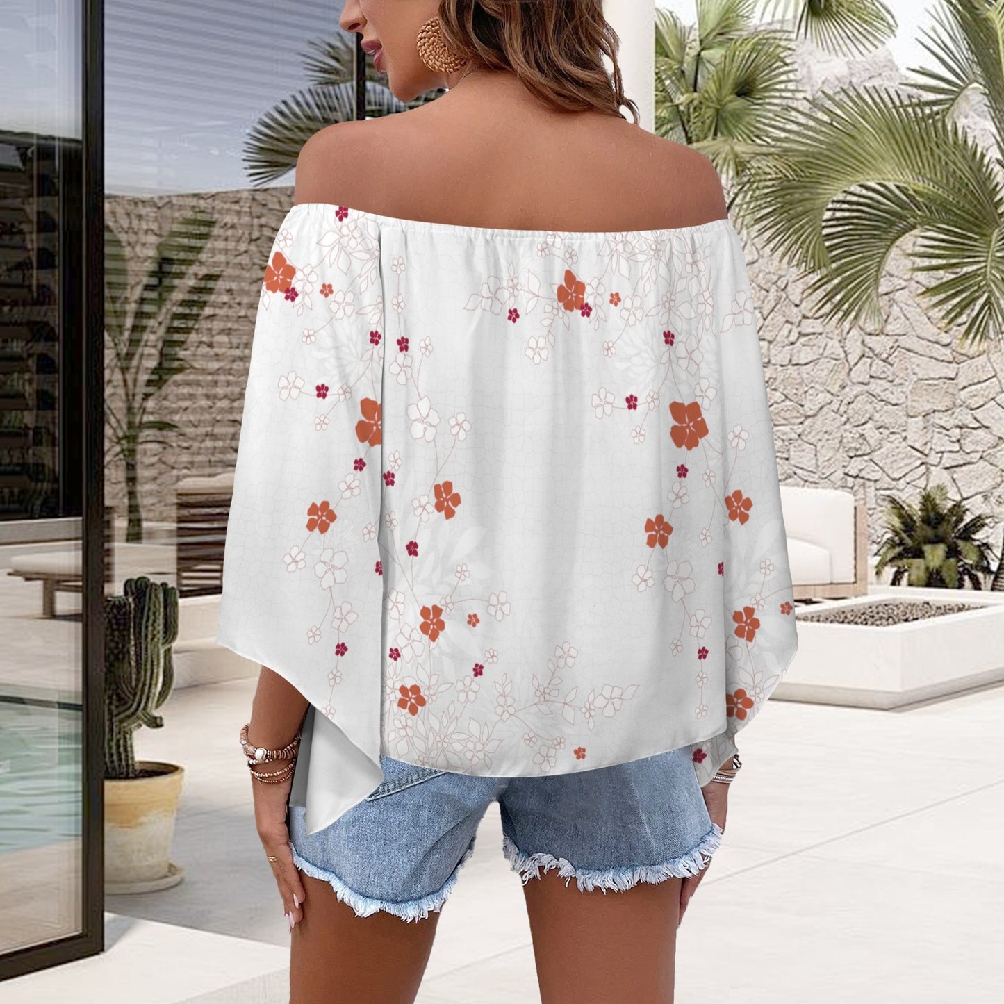 Off Shoulder Trumpet Sleeve Blouse Blossom Cloud Crackle