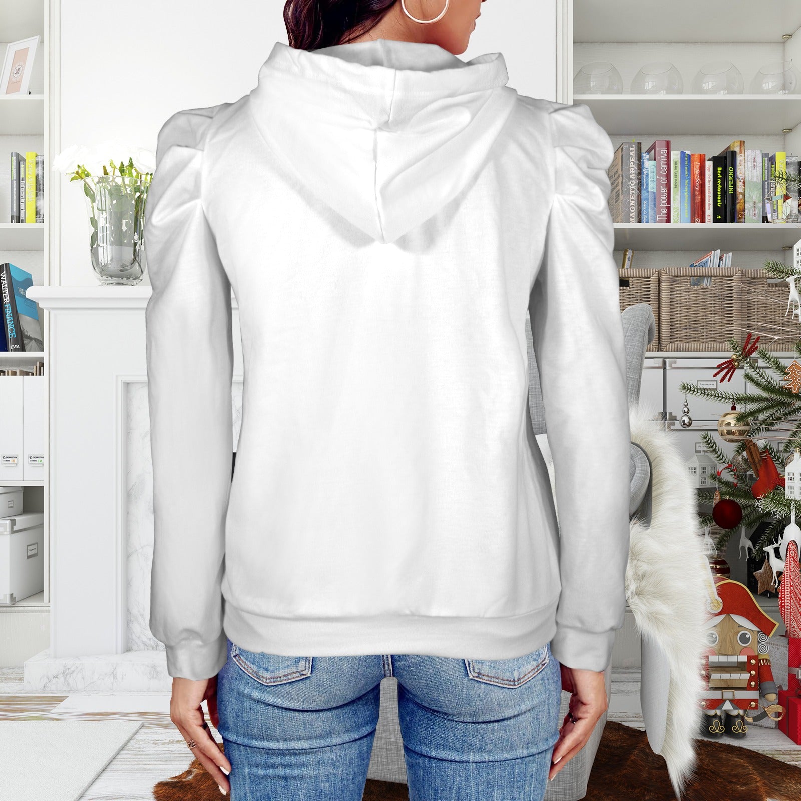 Pleated Puff Sleeve Hooded Fleece Sweatshirt Romantic White