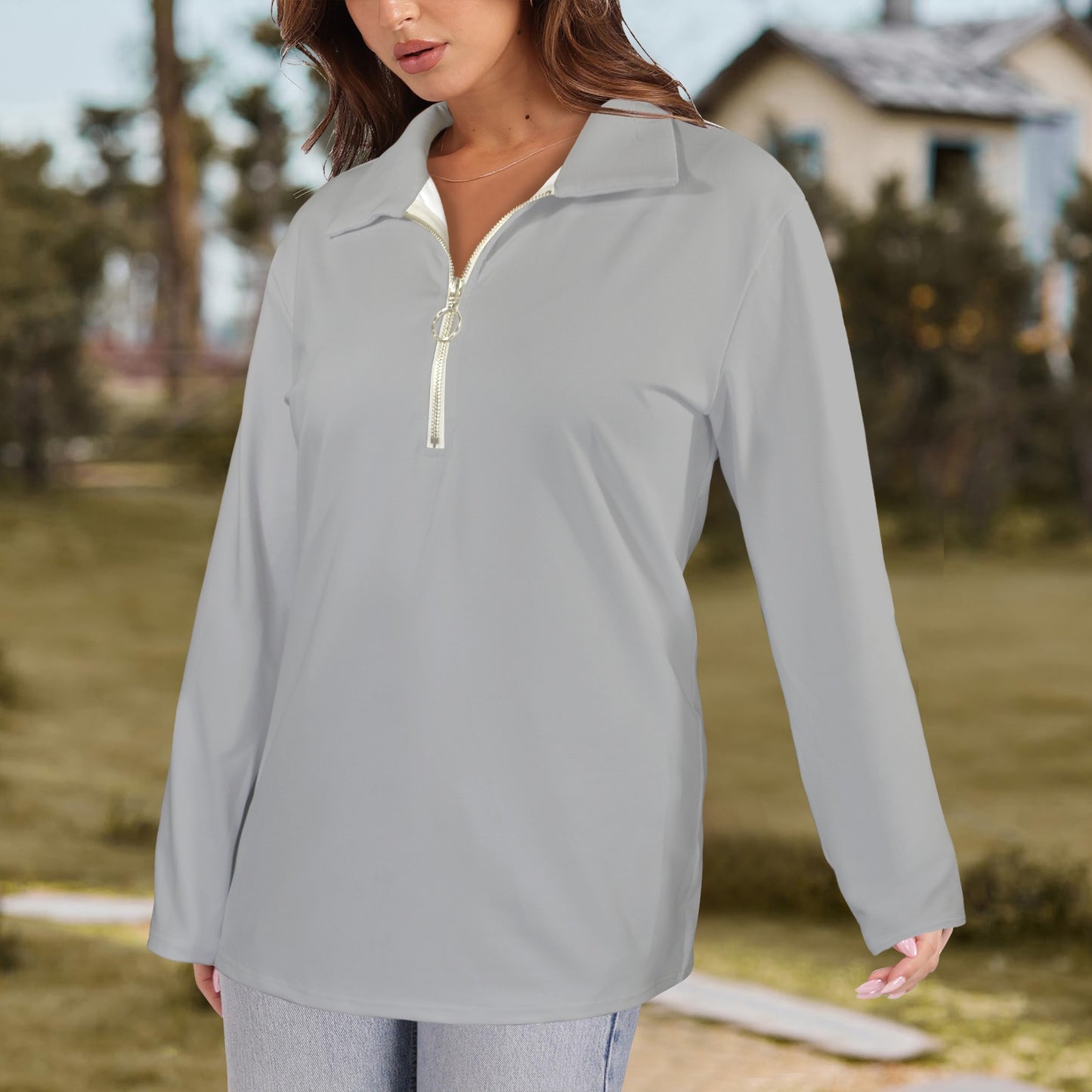 Lapel Half Zip Long Sleeve T-Shirt Grey