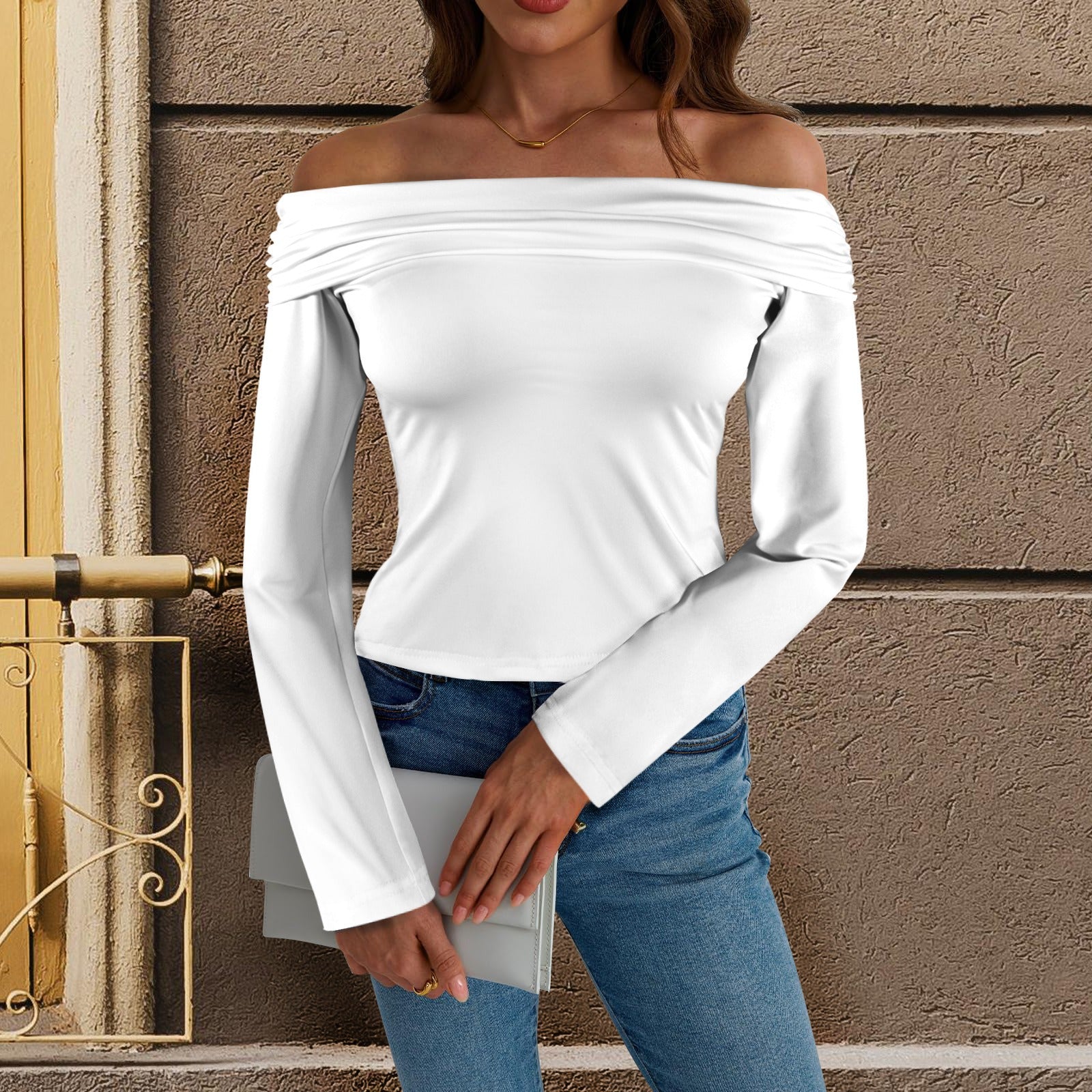 Off Shoulder Double Lined Long Sleeve T Shirts White